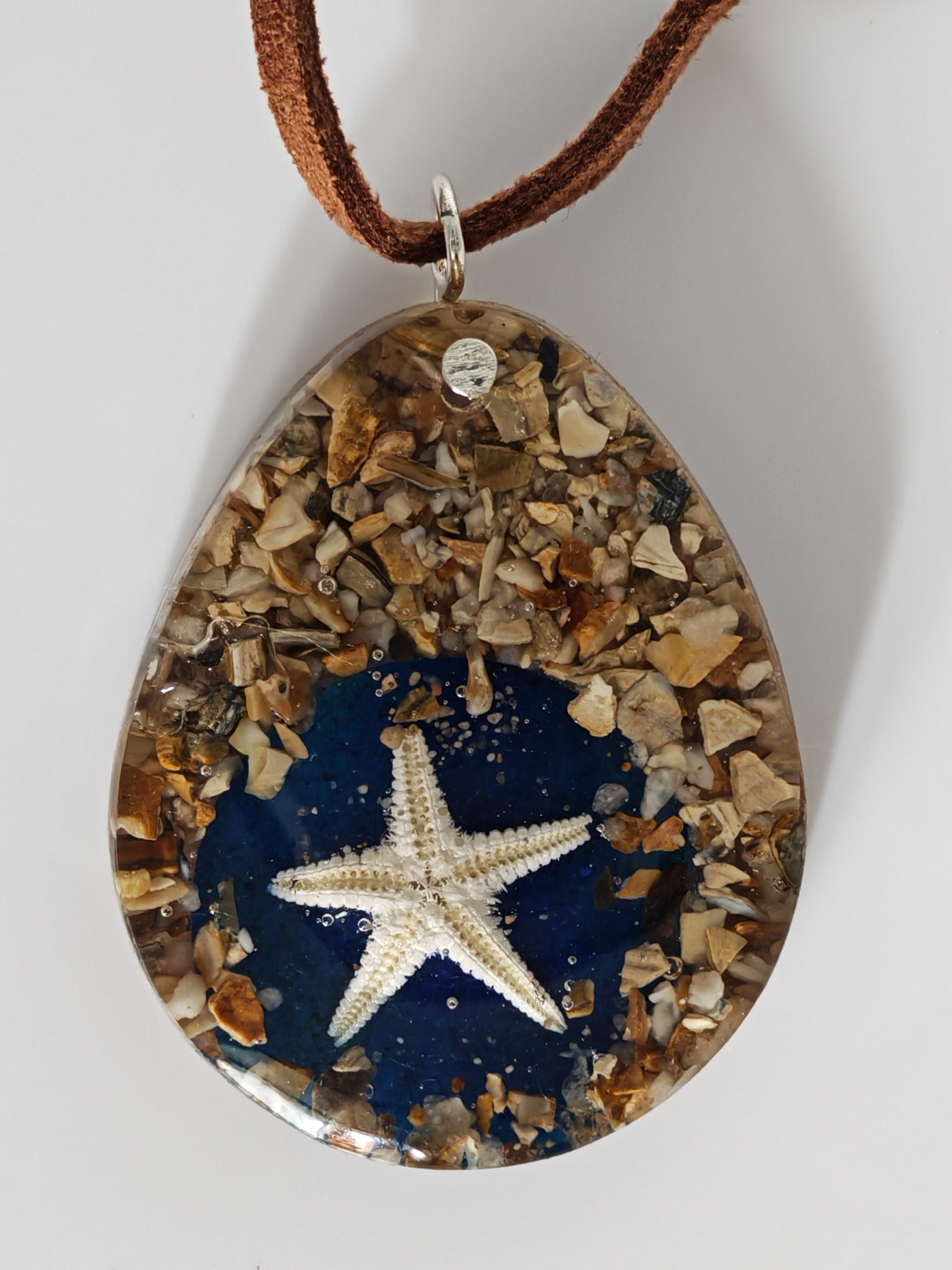 Resin Starfish Necklace: Ocean Teardrop Pendant, Suede Cord - Handmade