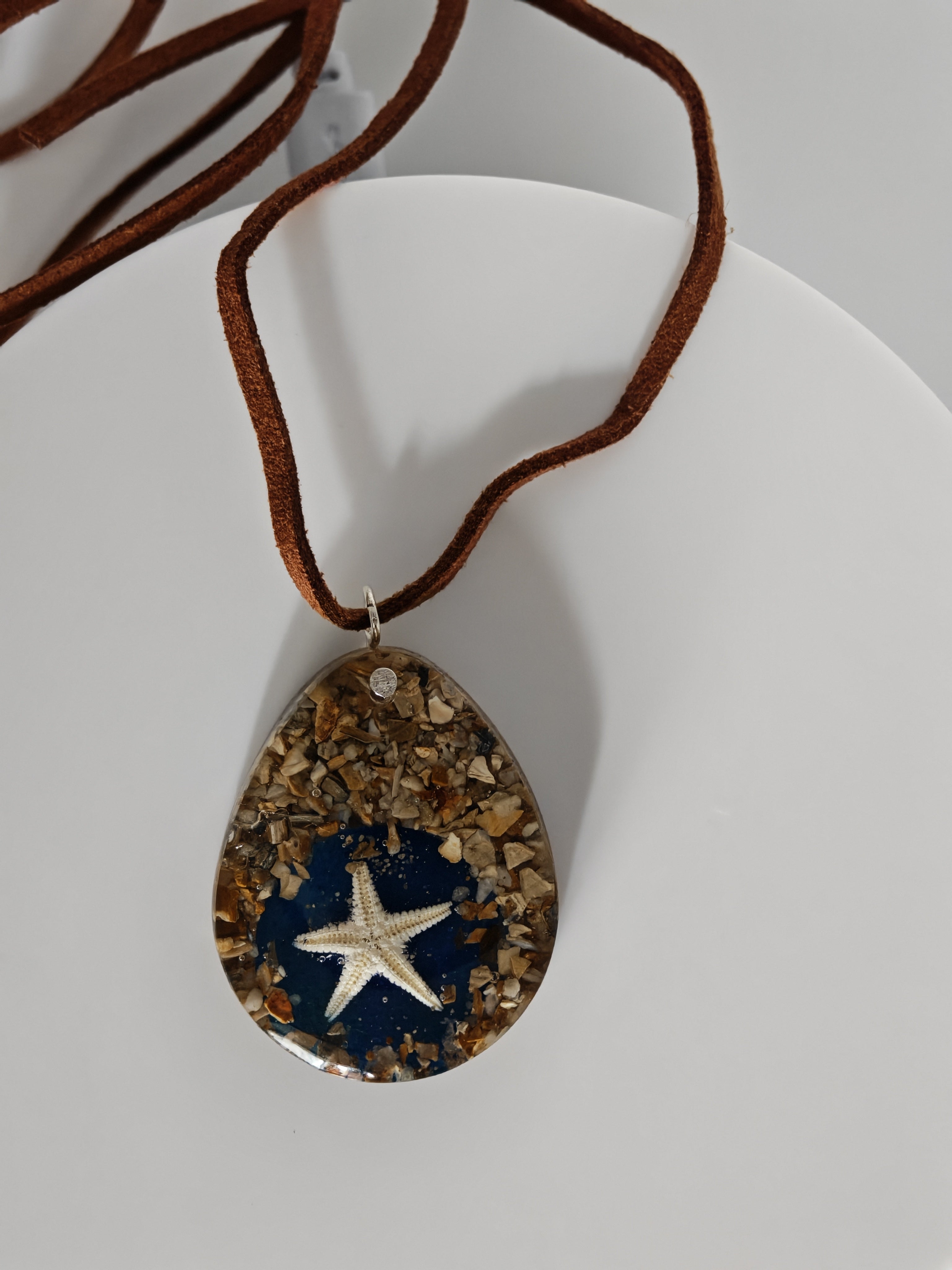 Resin Starfish Necklace: Ocean Teardrop Pendant, Suede Cord - Handmade