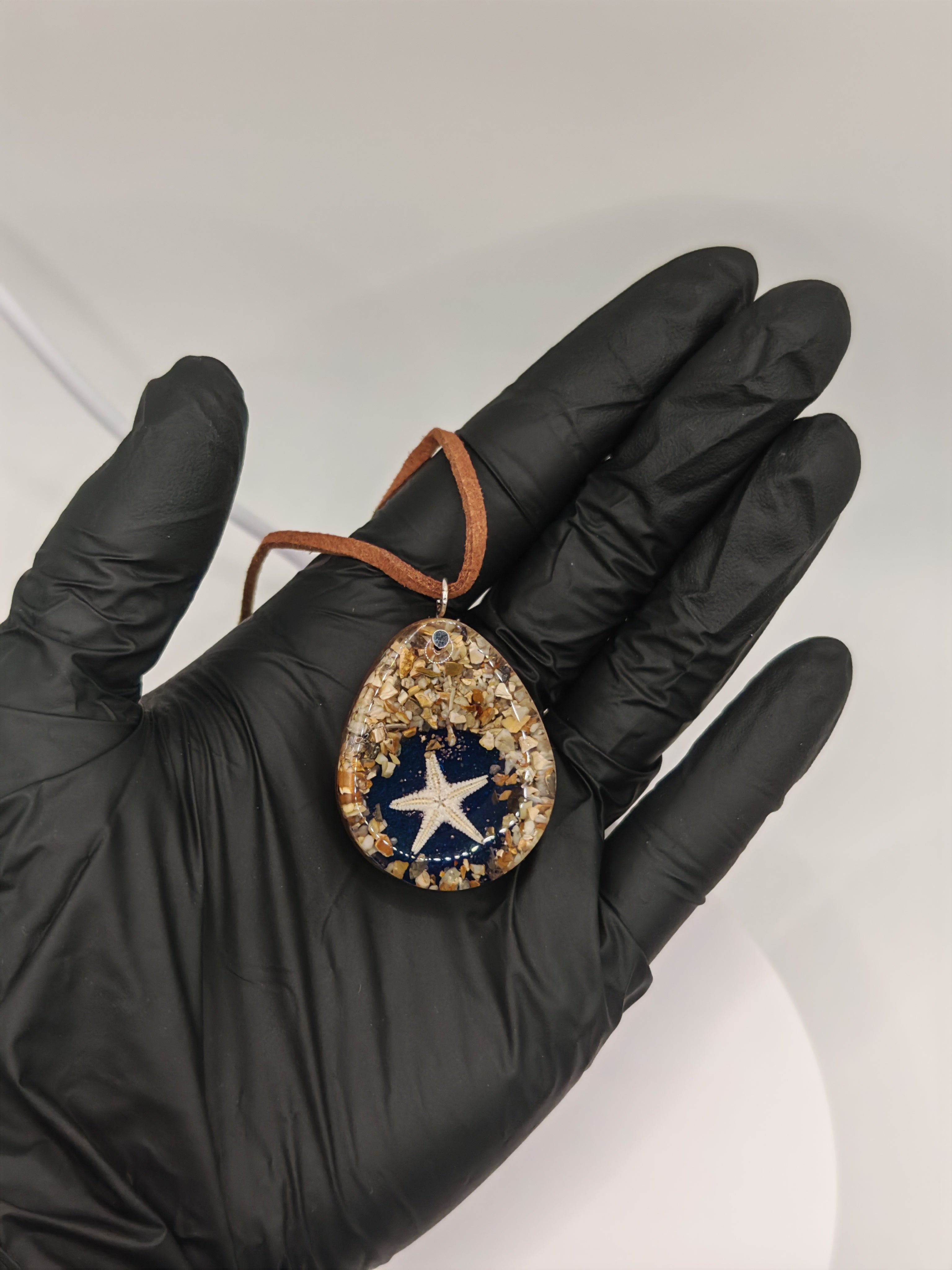 Resin Starfish Necklace: Ocean Teardrop Pendant, Suede Cord - Handmade