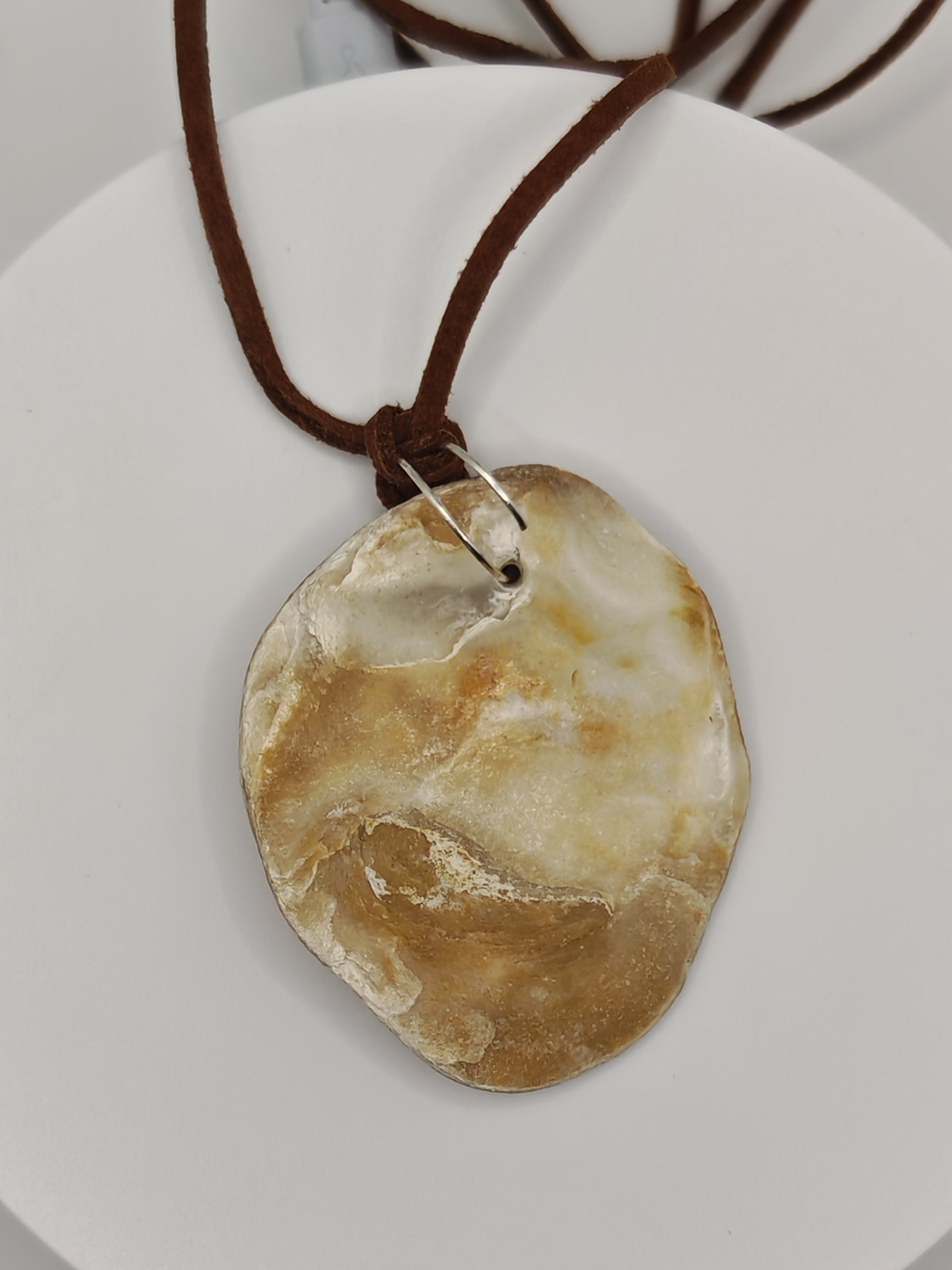 Seashell Pendant Necklace: Brown Suede Cord, Handmade Boho Beach Jewelry