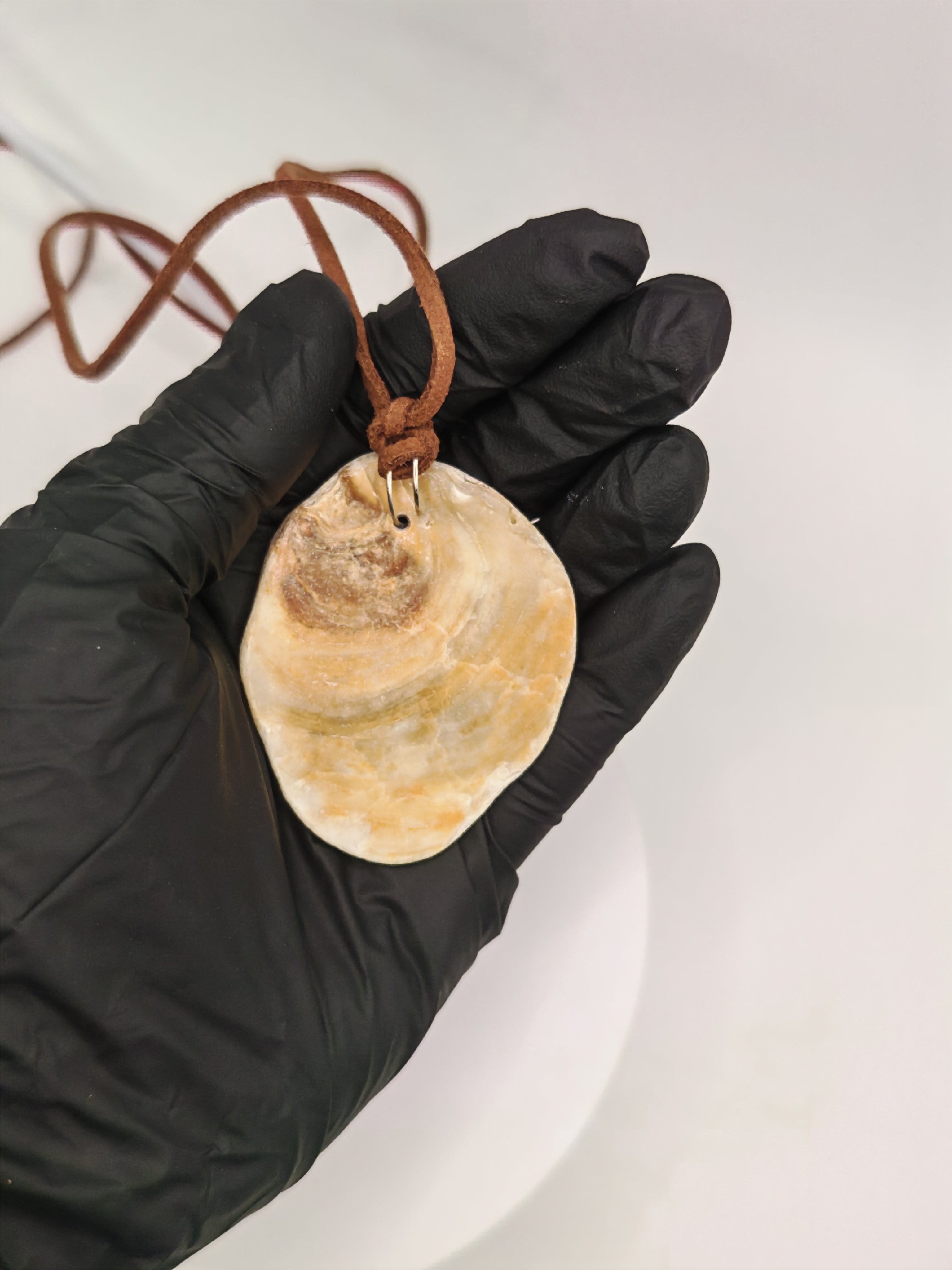 Seashell Pendant Necklace: Brown Suede Cord, Handmade Boho Beach Jewelry