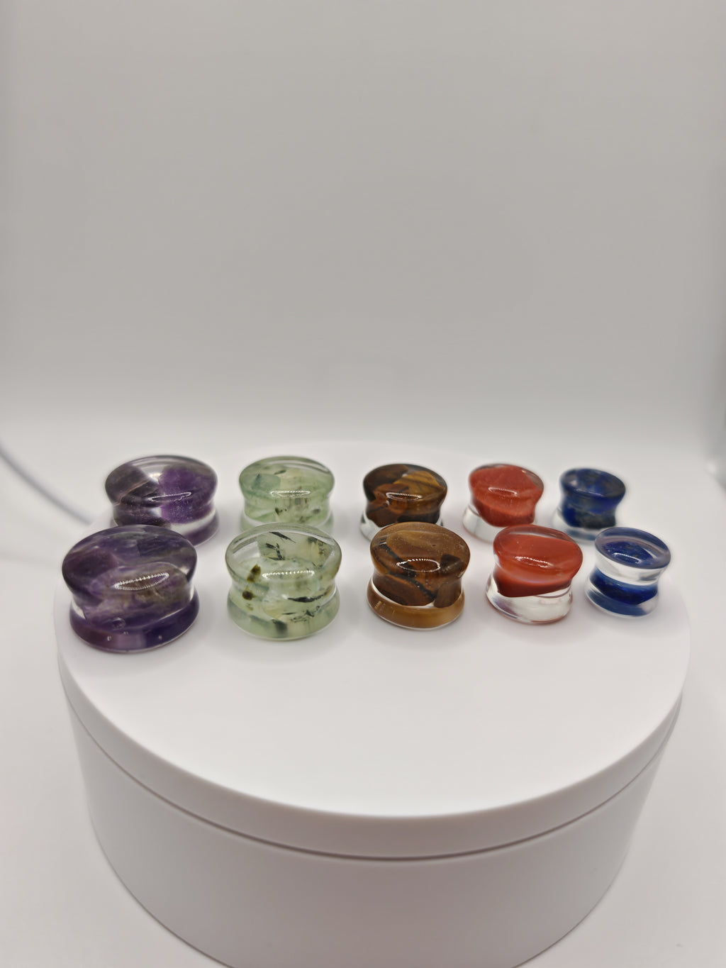 Handmade Resin Crystal Gauges: Round Plugs with Amethyst, Green Aventurine, Tiger Eye, Red Jasper, Lapis Lazuli | Resin & Stone Tunnels