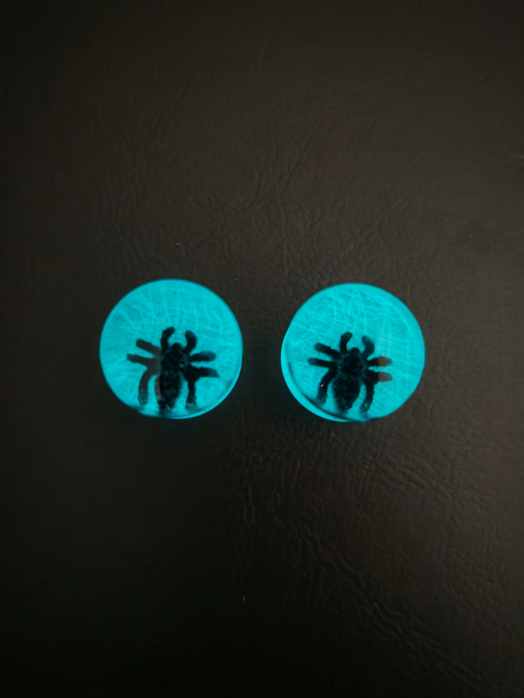 Handmade Resin Ear Gauges: Halloween Glow In The Dark Plugs- Spider (20mm) And Cat (18mm) In Web Design