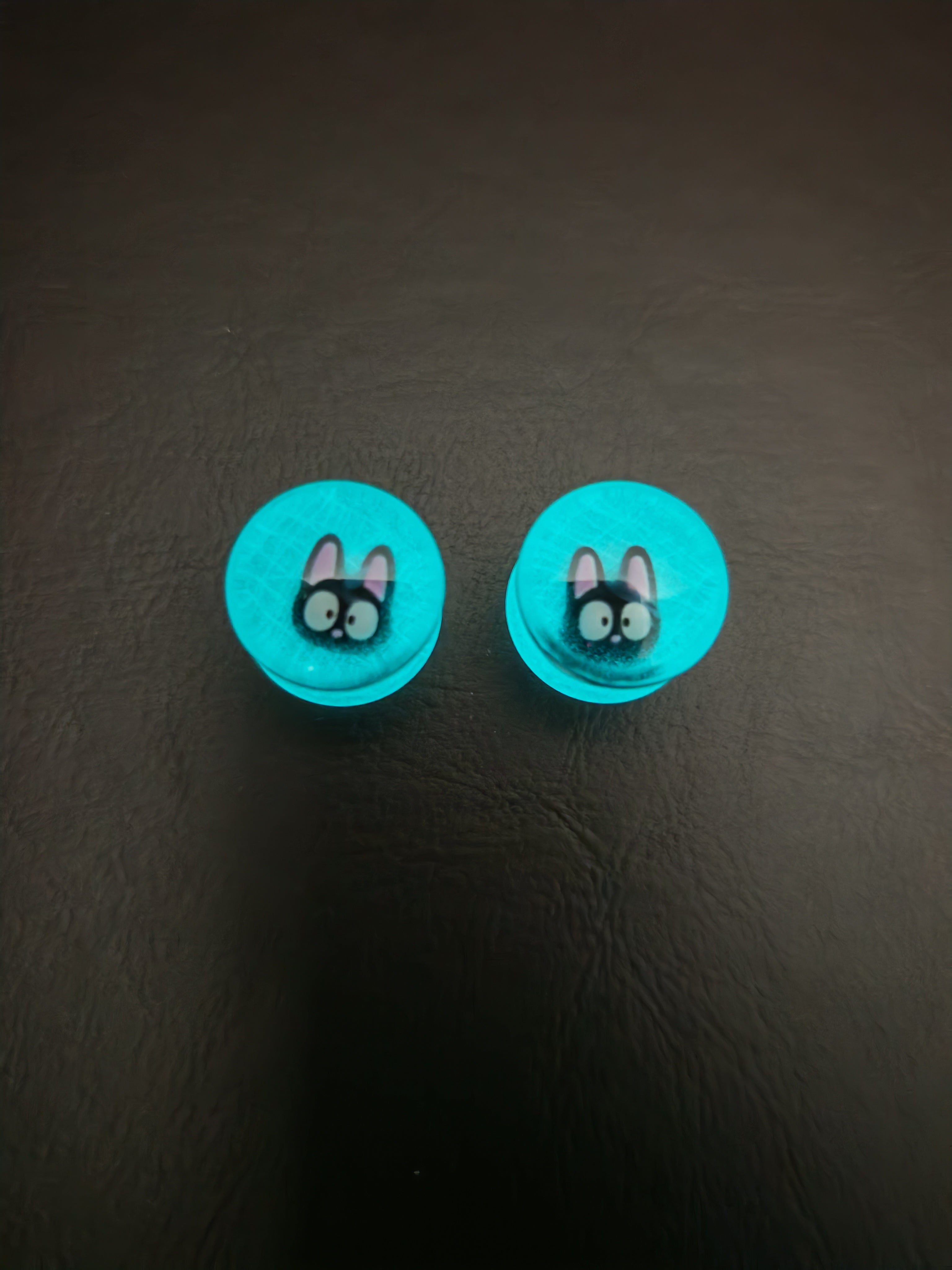 Handmade Resin Ear Gauges: Halloween Glow In The Dark Plugs- Spider (20mm) And Cat (18mm) In Web Design
