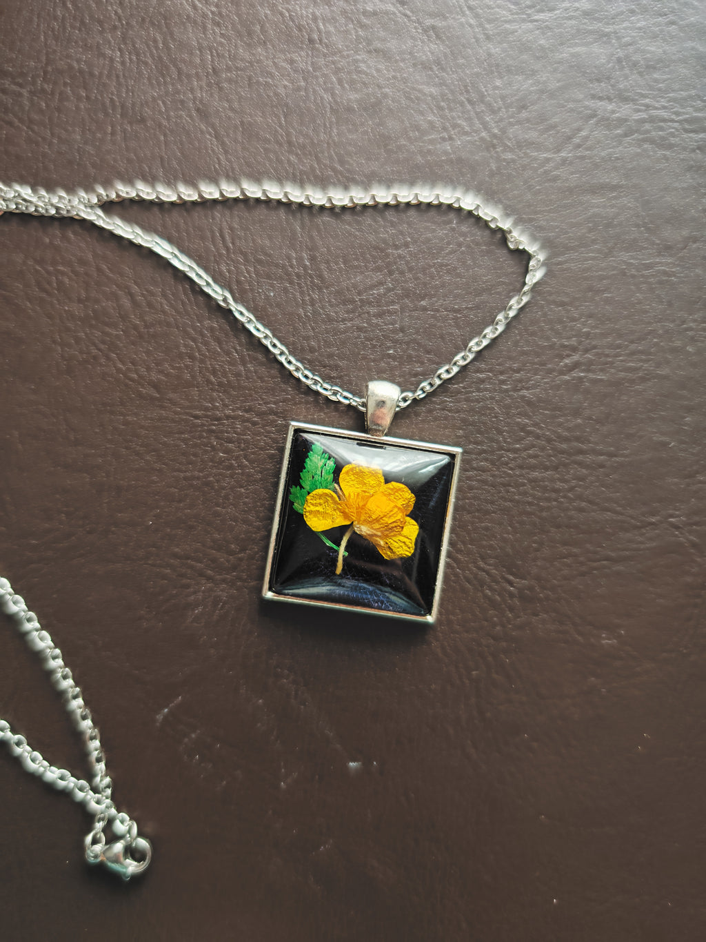 Real Yellow Flower Pendant in Black Resin: Nature Jewelry Gift for Her- Botanical Square Necklace with Stainless Steel Chain.
