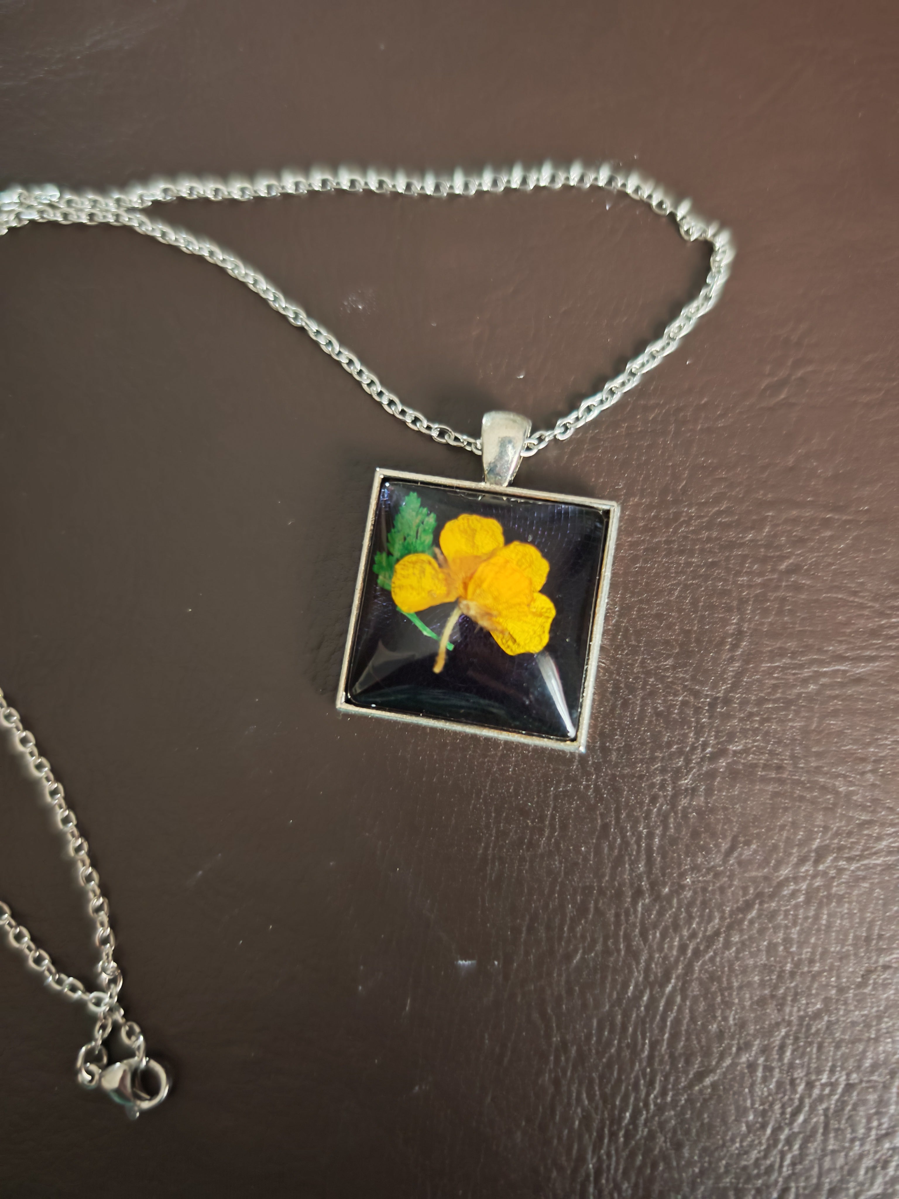 Real Yellow Flower Pendant in Black Resin: Nature Jewelry Gift for Her- Botanical Square Necklace with Stainless Steel Chain.