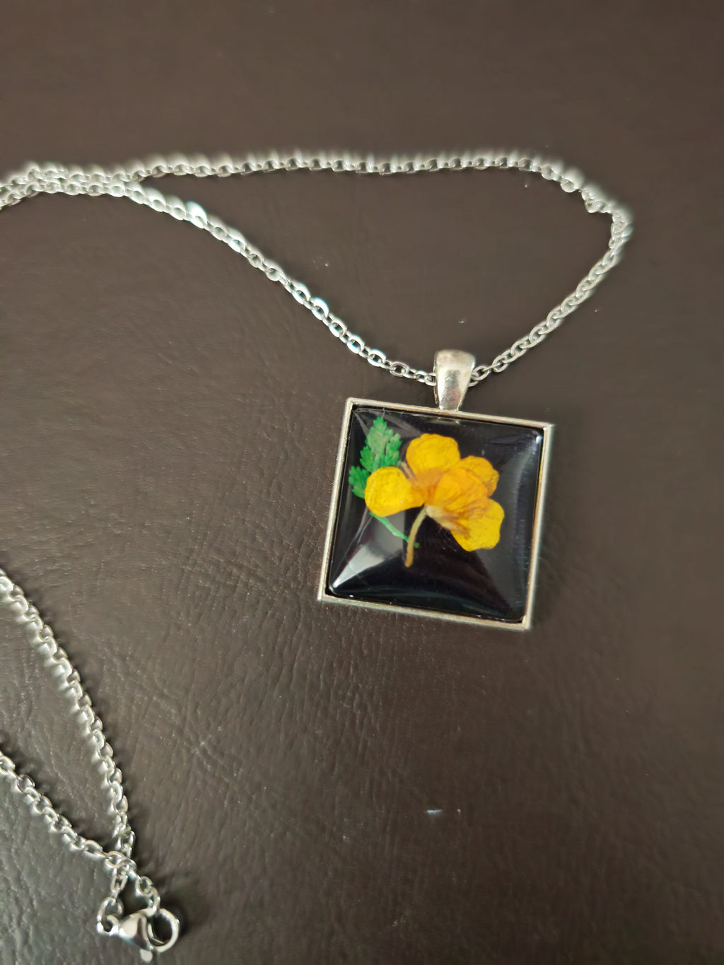 Real Yellow Flower Pendant in Black Resin: Nature Jewelry Gift for Her- Botanical Square Necklace with Stainless Steel Chain.