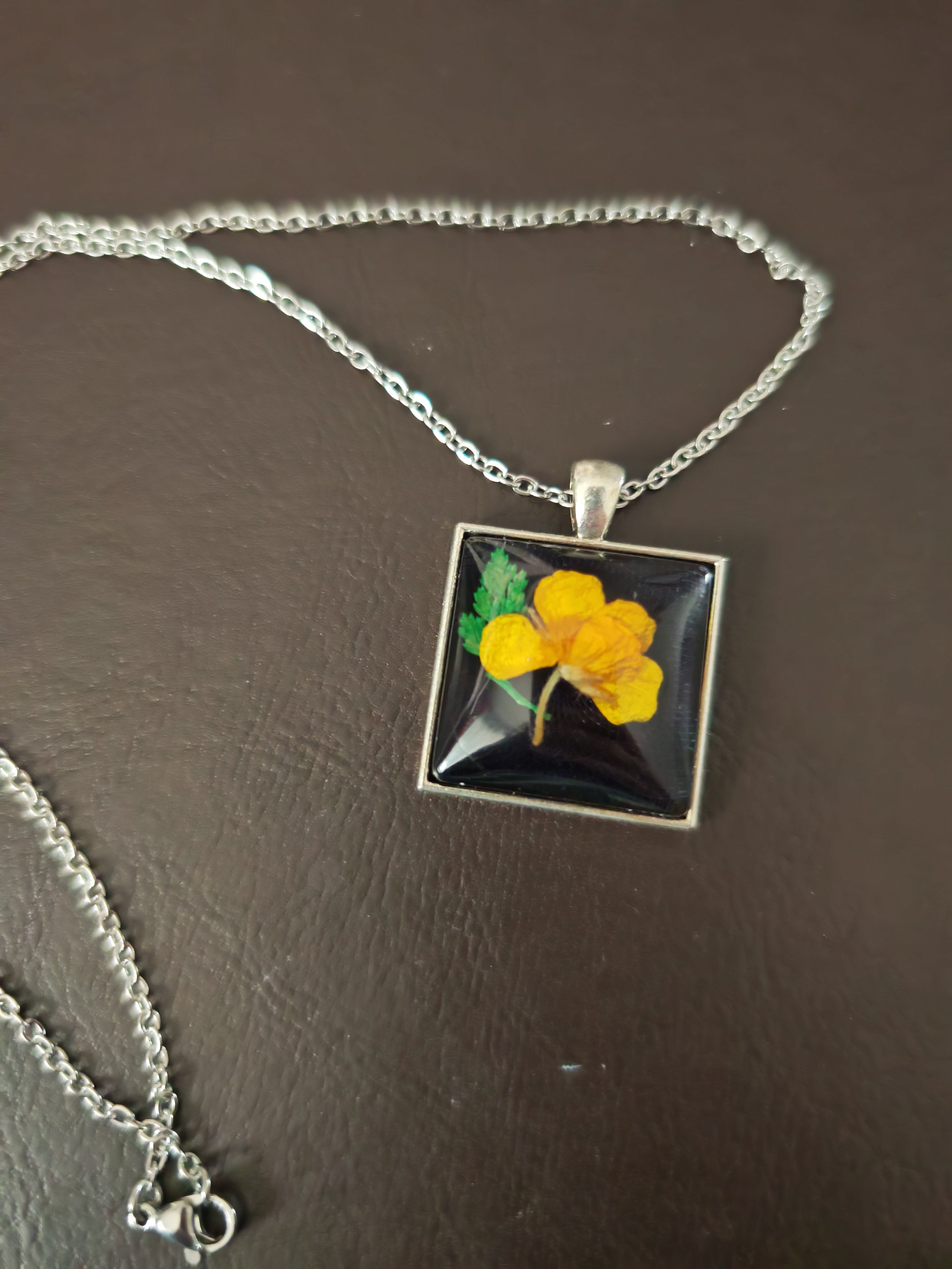 Real Yellow Flower Pendant in Black Resin: Nature Jewelry Gift for Her- Botanical Square Necklace with Stainless Steel Chain.