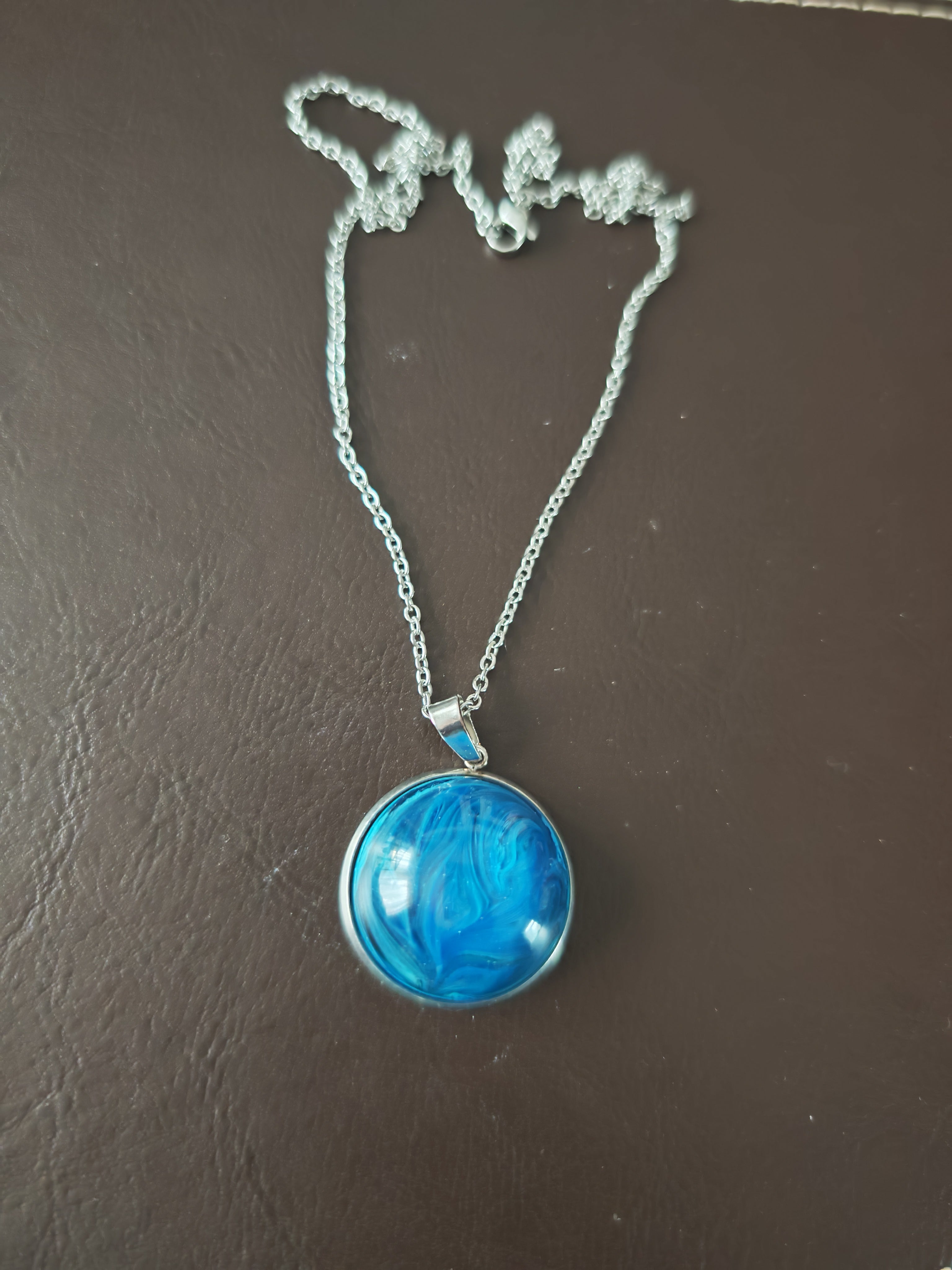 Deep Ocean Blue Swirl Resin Necklace: Stainless Steel Chain, Handmade Pendant, Unique Gift
