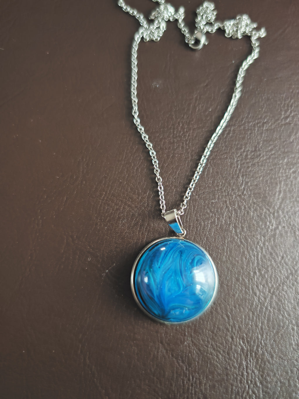 Deep Ocean Blue Swirl Resin Necklace: Stainless Steel Chain, Handmade Pendant, Unique Gift