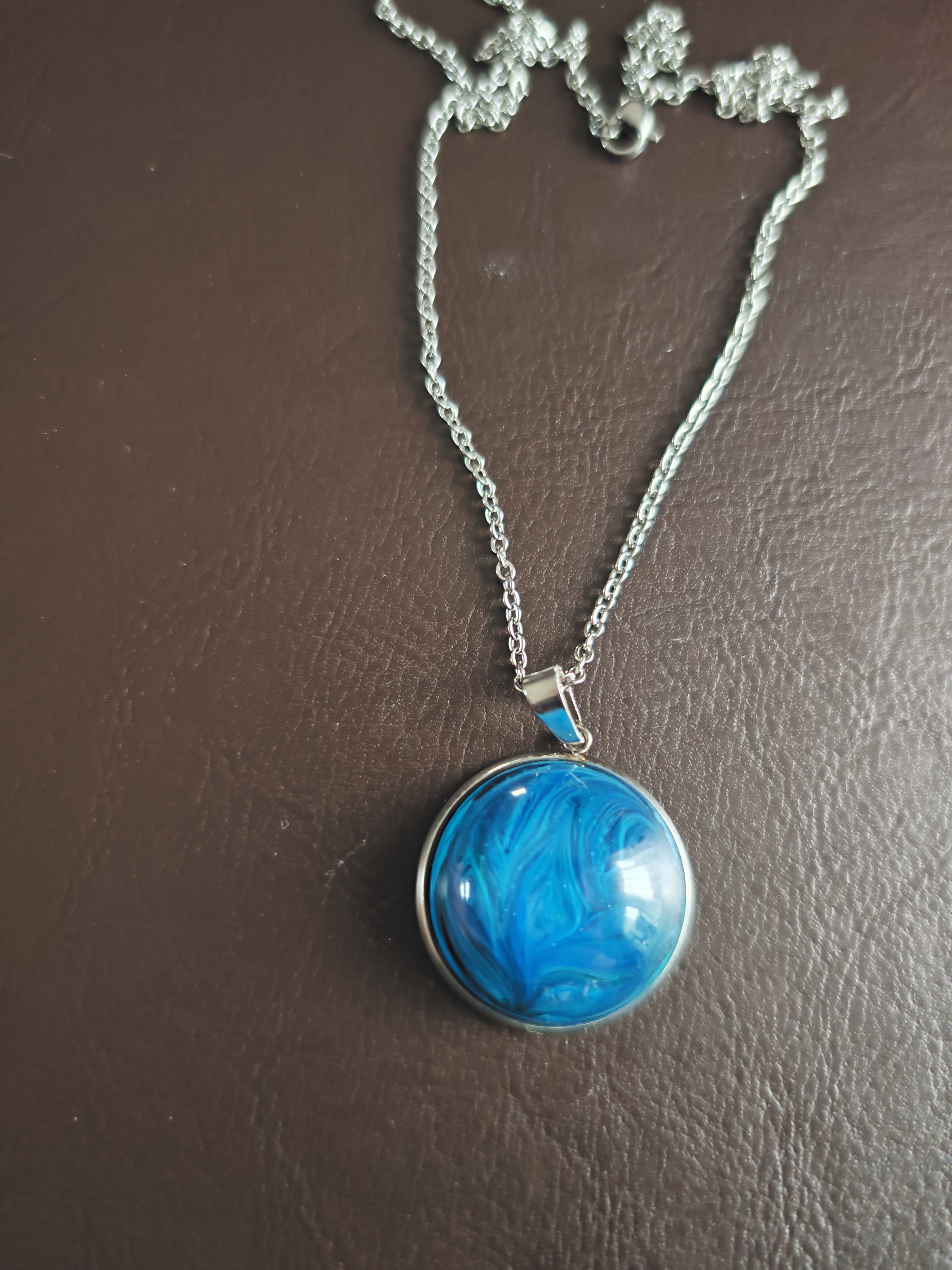 Deep Ocean Blue Swirl Resin Necklace: Stainless Steel Chain, Handmade Pendant, Unique Gift