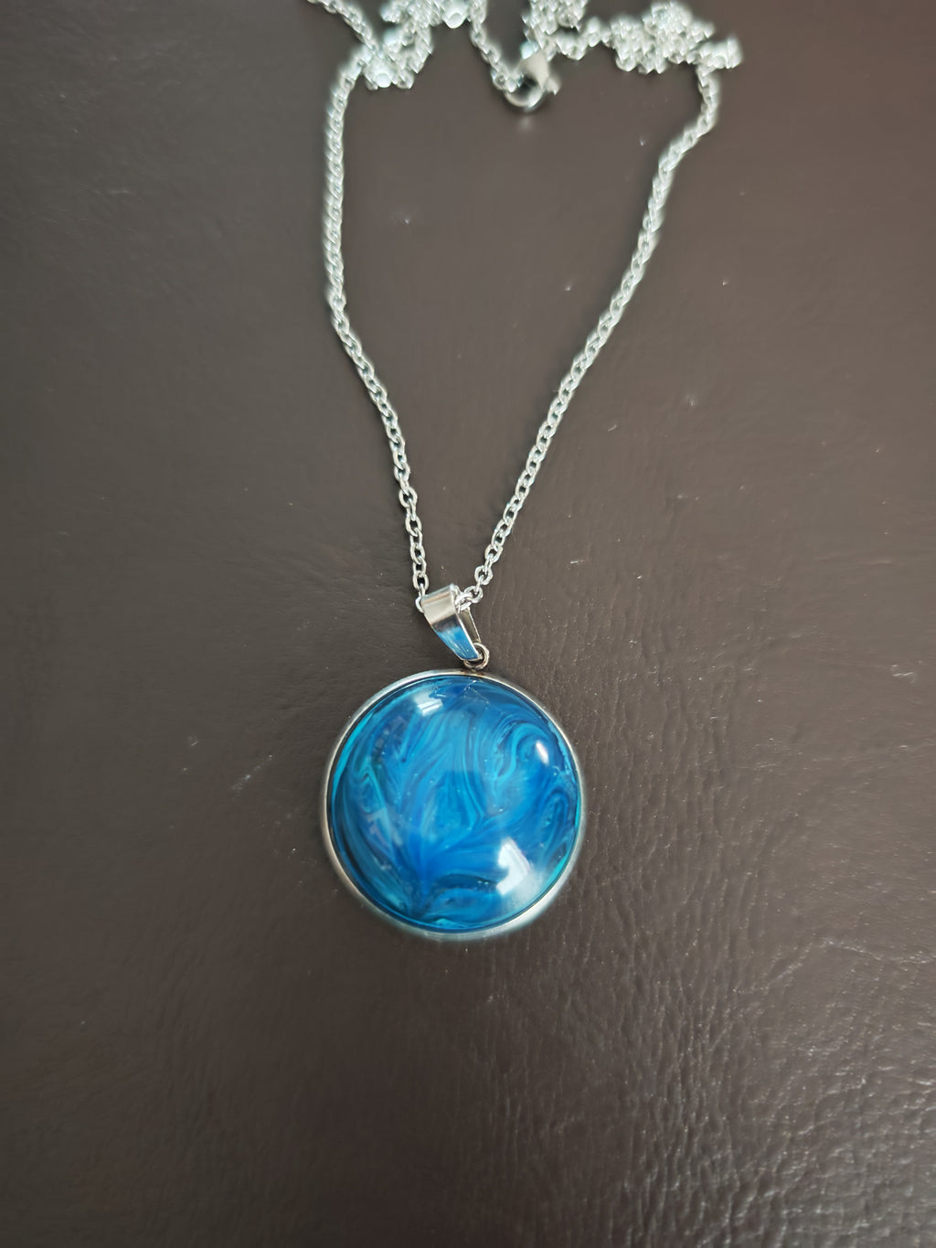 Deep Ocean Blue Swirl Resin Necklace: Stainless Steel Chain, Handmade Pendant, Unique Gift