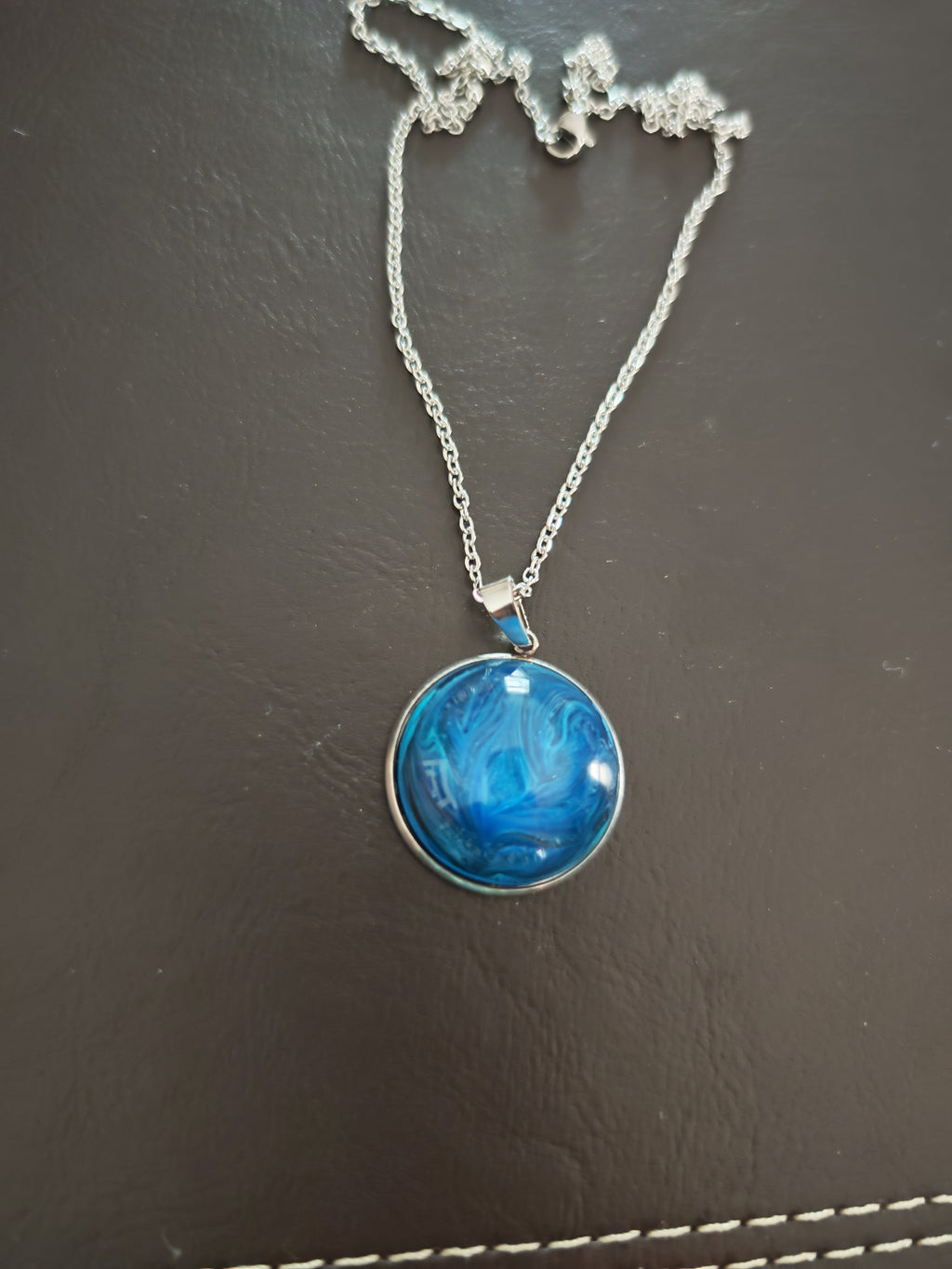 Deep Ocean Blue Swirl Resin Necklace: Stainless Steel Chain, Handmade Pendant, Unique Gift