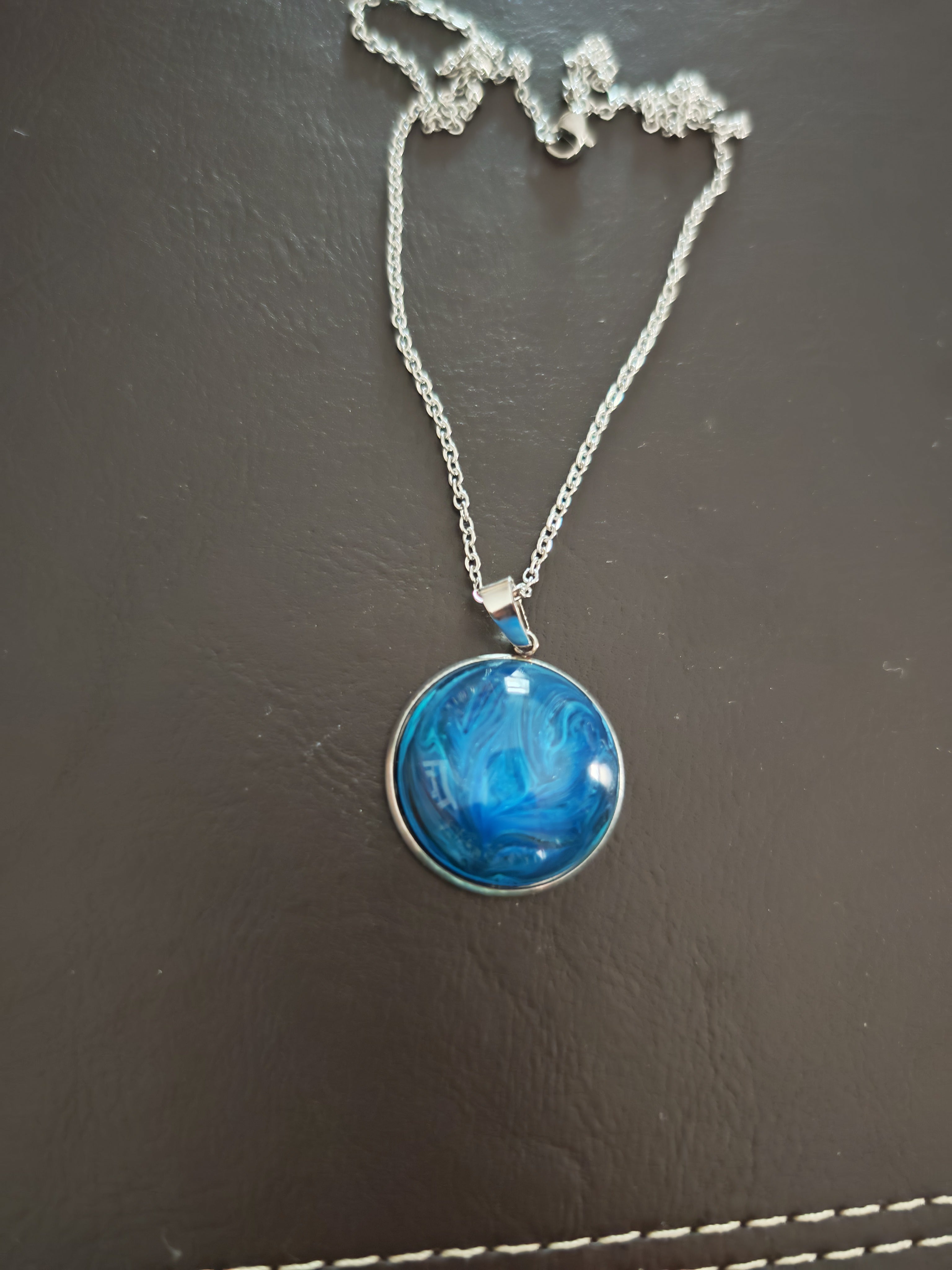 Deep Ocean Blue Swirl Resin Necklace: Stainless Steel Chain, Handmade Pendant, Unique Gift