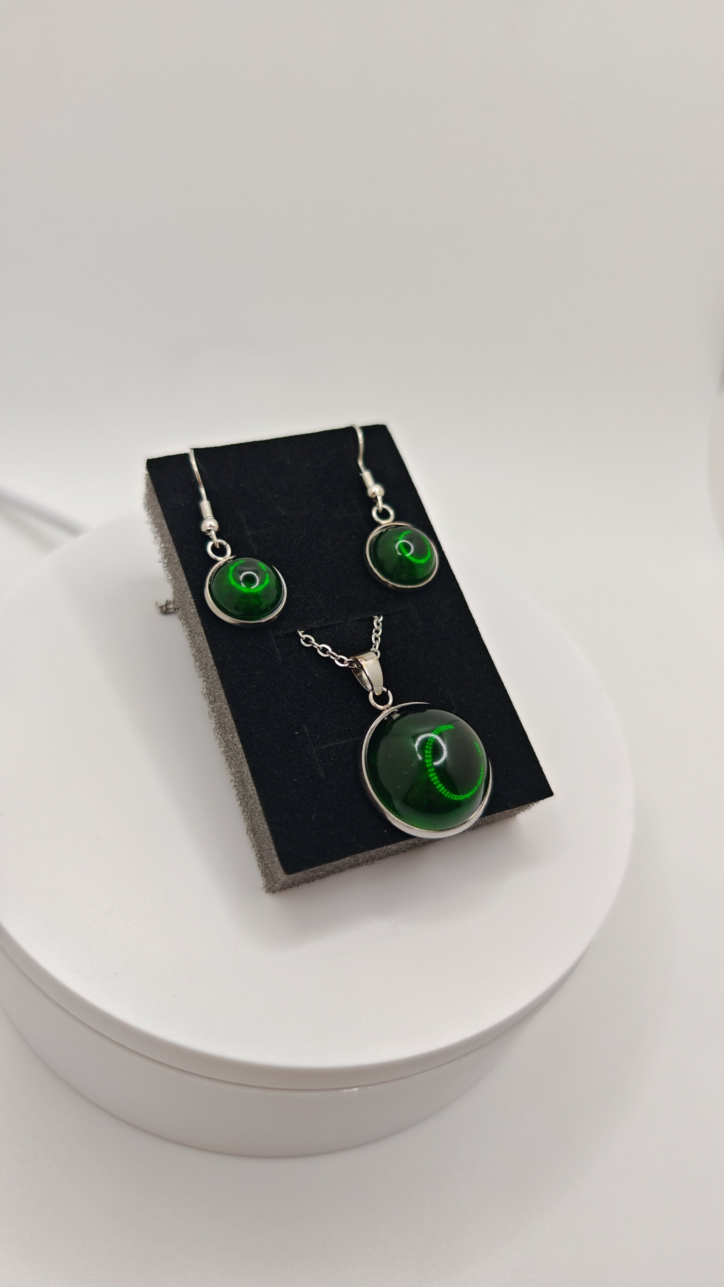 Emerald Green Or Cherry Red Resin Jewelry Set: Stainless Steel Necklace And Dangle Earrings- Handmade Matching Set, Gift For Her