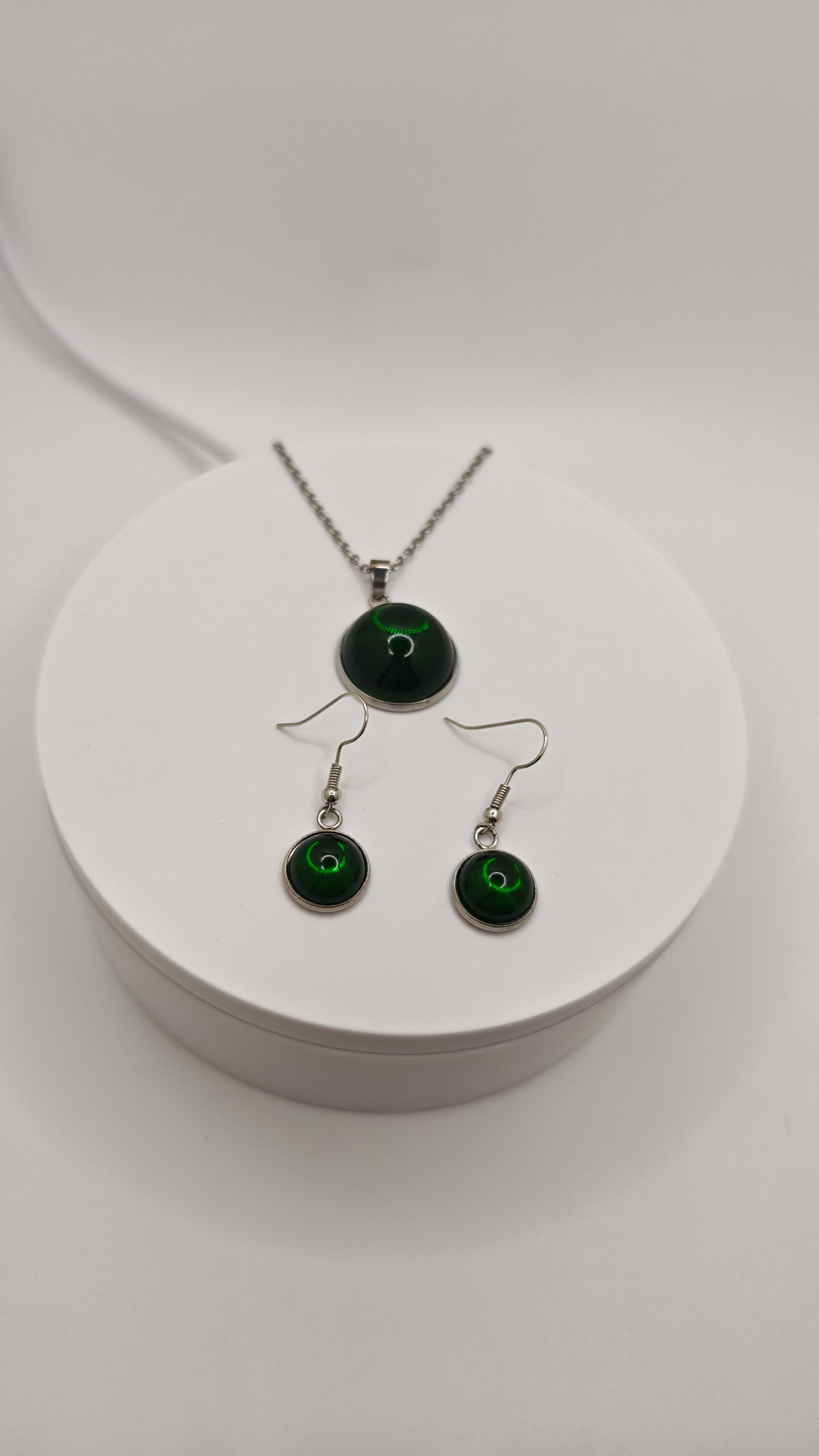 Emerald Green Or Cherry Red Resin Jewelry Set: Stainless Steel Necklace And Dangle Earrings- Handmade Matching Set, Gift For Her