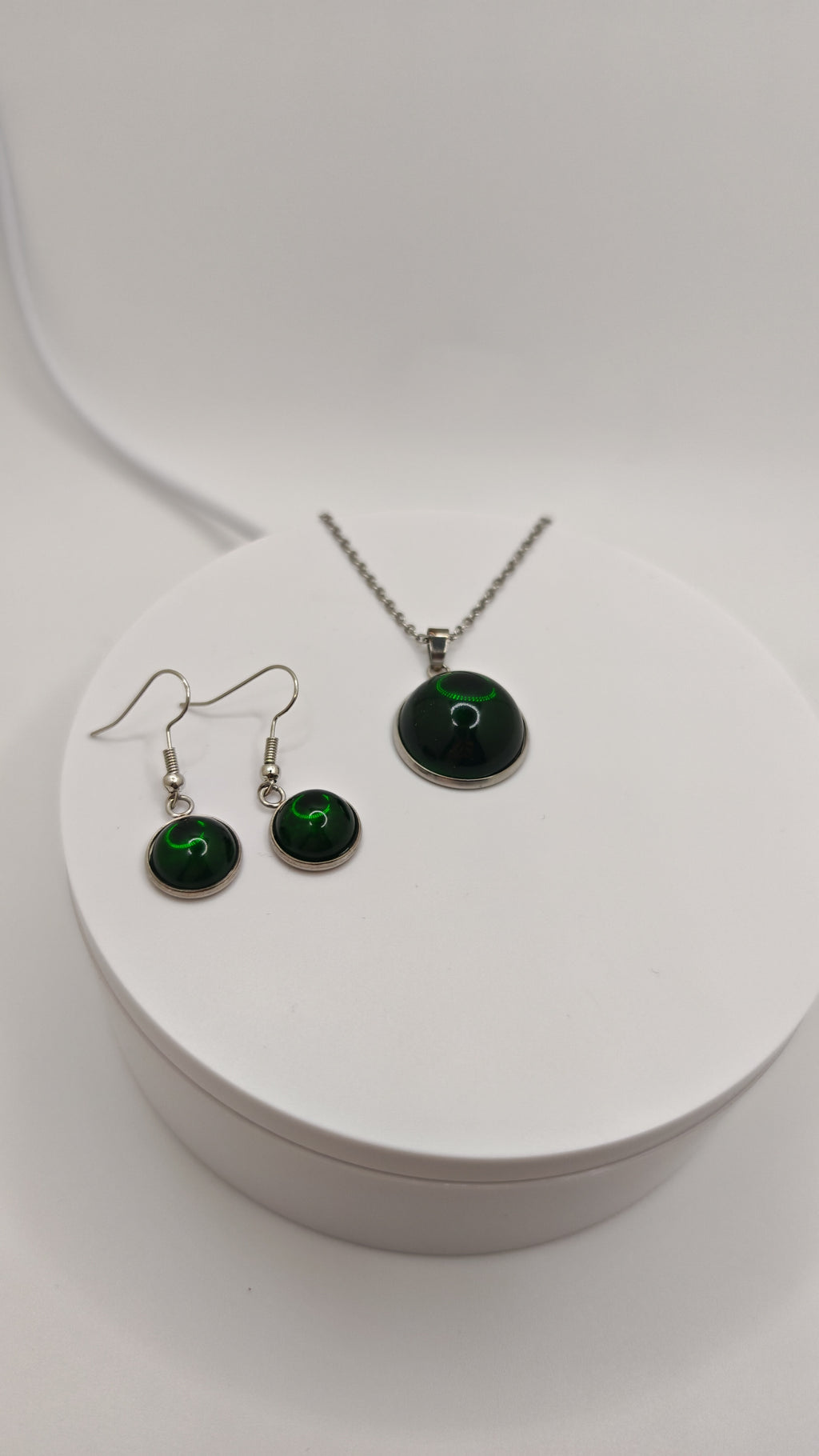 Emerald Green Or Cherry Red Resin Jewelry Set: Stainless Steel Necklace And Dangle Earrings- Handmade Matching Set, Gift For Her