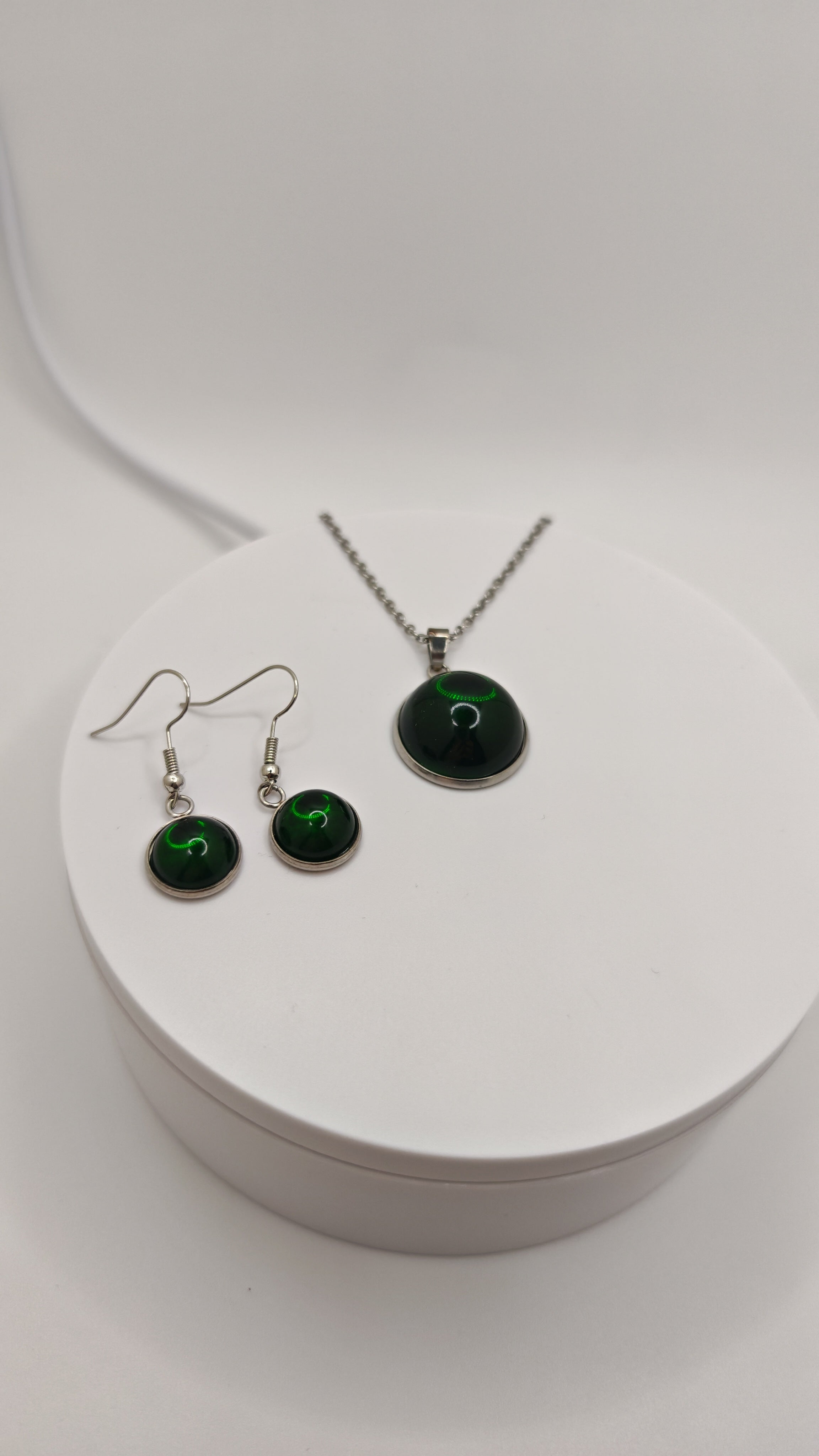 Emerald Green Or Cherry Red Resin Jewelry Set: Stainless Steel Necklace And Dangle Earrings- Handmade Matching Set, Gift For Her