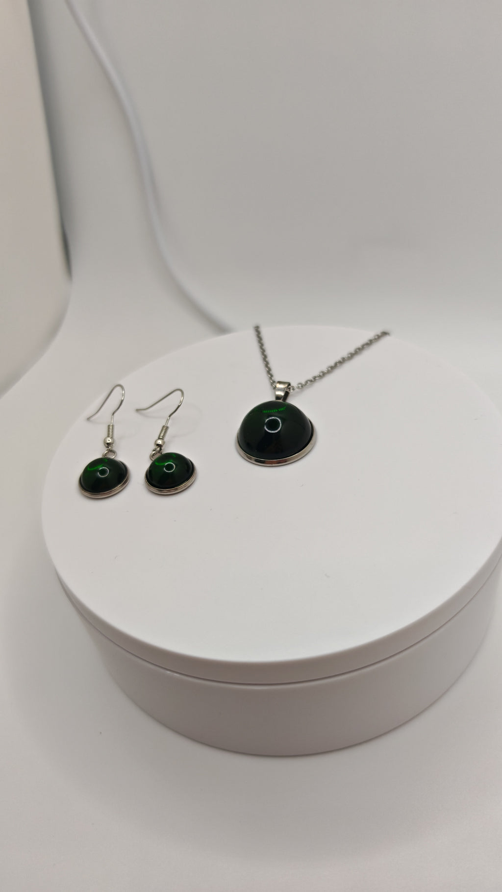 Emerald Green Or Cherry Red Resin Jewelry Set: Stainless Steel Necklace And Dangle Earrings- Handmade Matching Set, Gift For Her