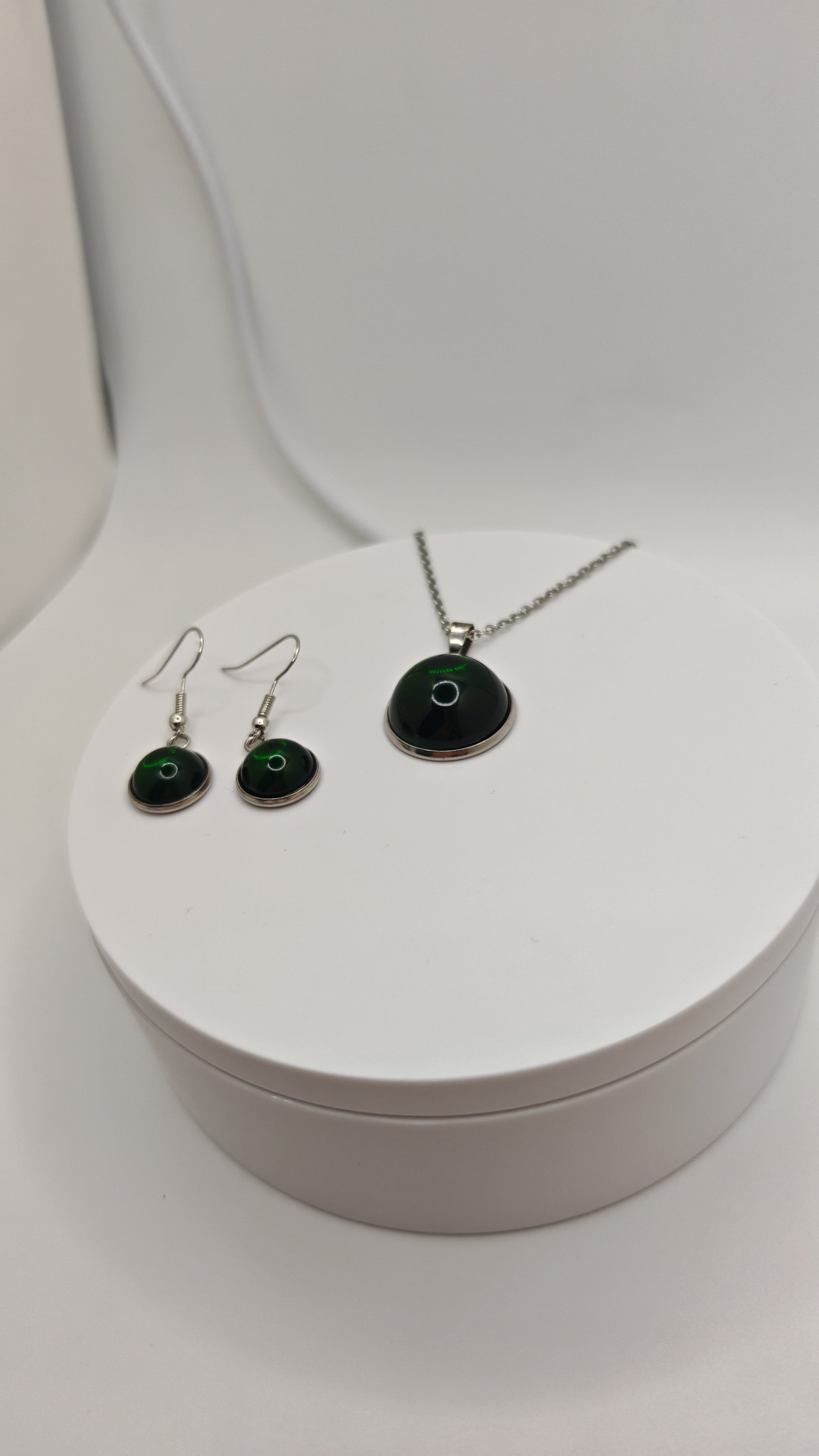 Emerald Green Or Cherry Red Resin Jewelry Set: Stainless Steel Necklace And Dangle Earrings- Handmade Matching Set, Gift For Her