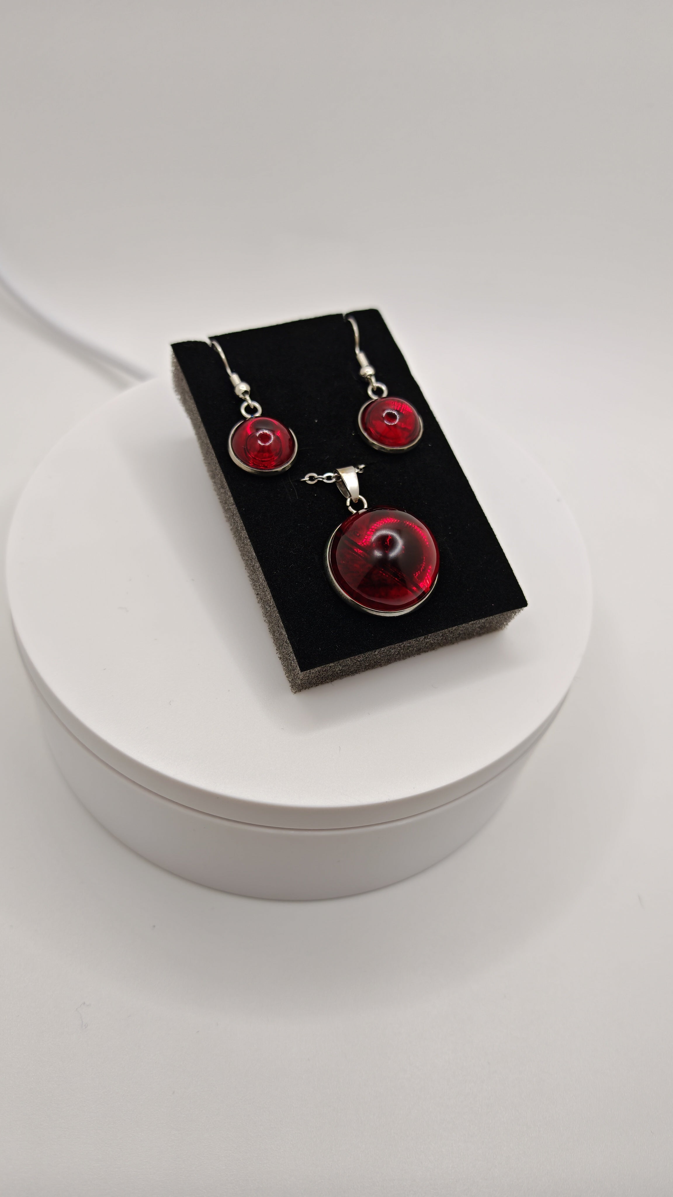 Emerald Green Or Cherry Red Resin Jewelry Set: Stainless Steel Necklace And Dangle Earrings- Handmade Matching Set, Gift For Her