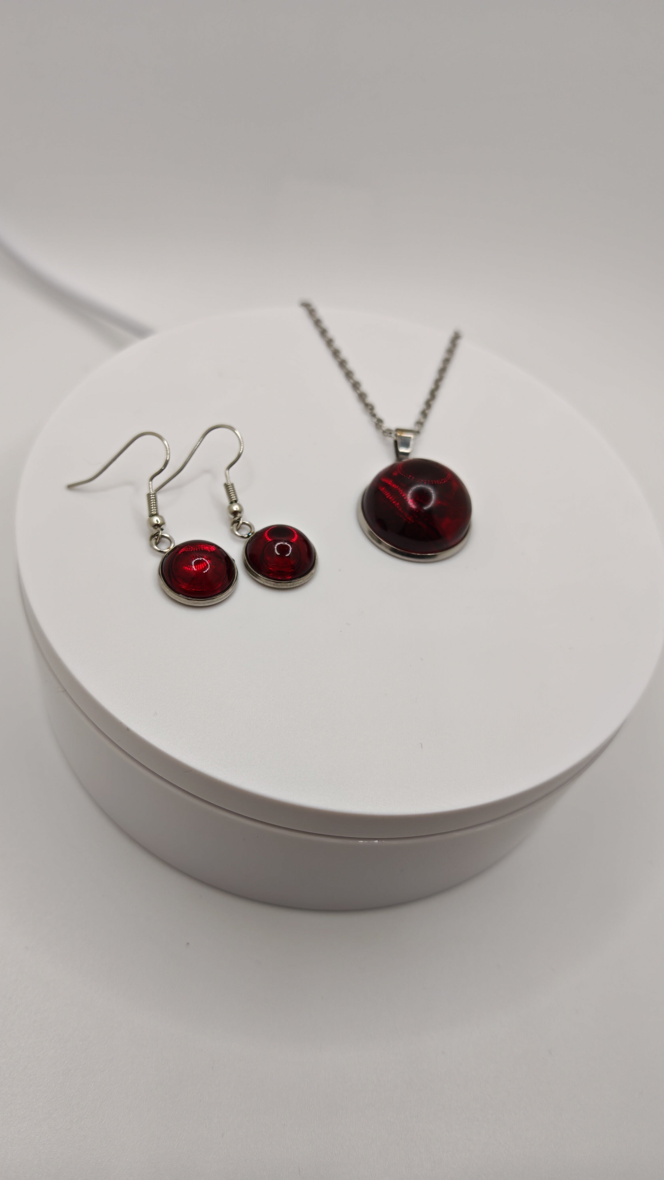 Emerald Green Or Cherry Red Resin Jewelry Set: Stainless Steel Necklace And Dangle Earrings- Handmade Matching Set, Gift For Her