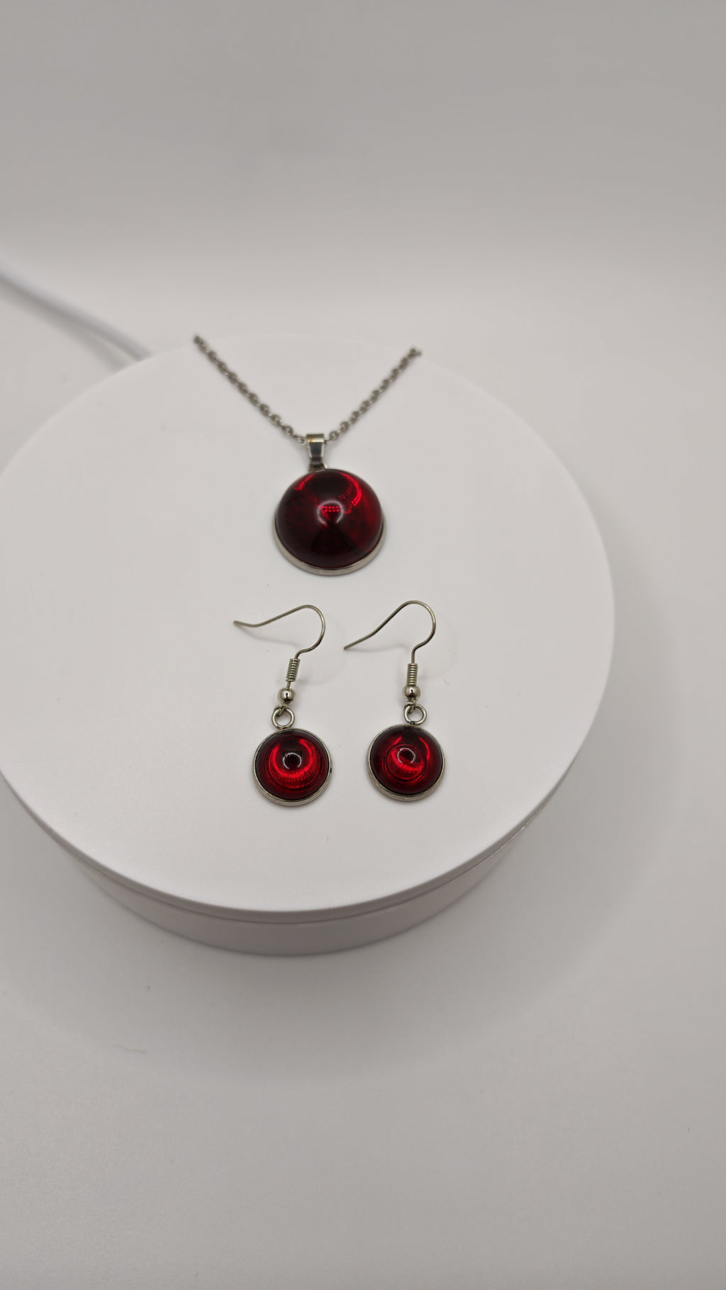 Emerald Green Or Cherry Red Resin Jewelry Set: Stainless Steel Necklace And Dangle Earrings- Handmade Matching Set, Gift For Her