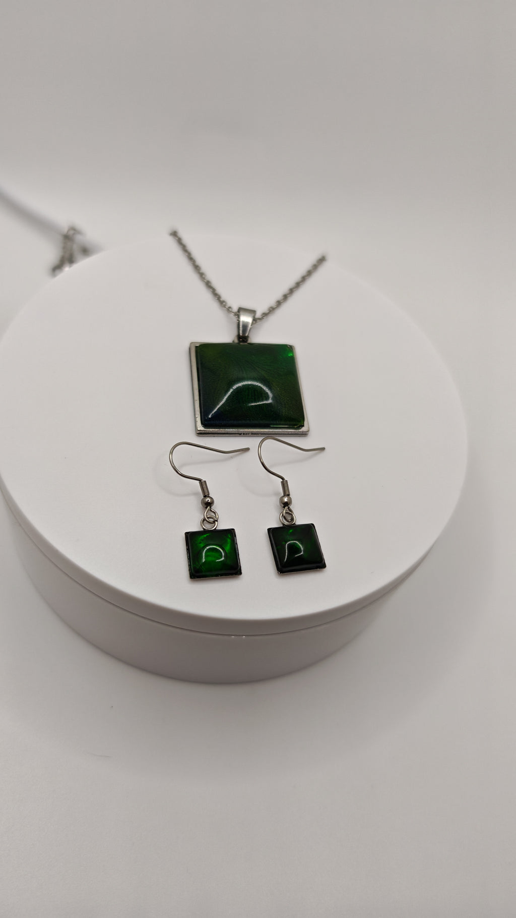 Square Emerald Green Resin Set: Stainless Steel Necklace And Dangle Earrings- Elegant Handmade Jewelry Gift For Her