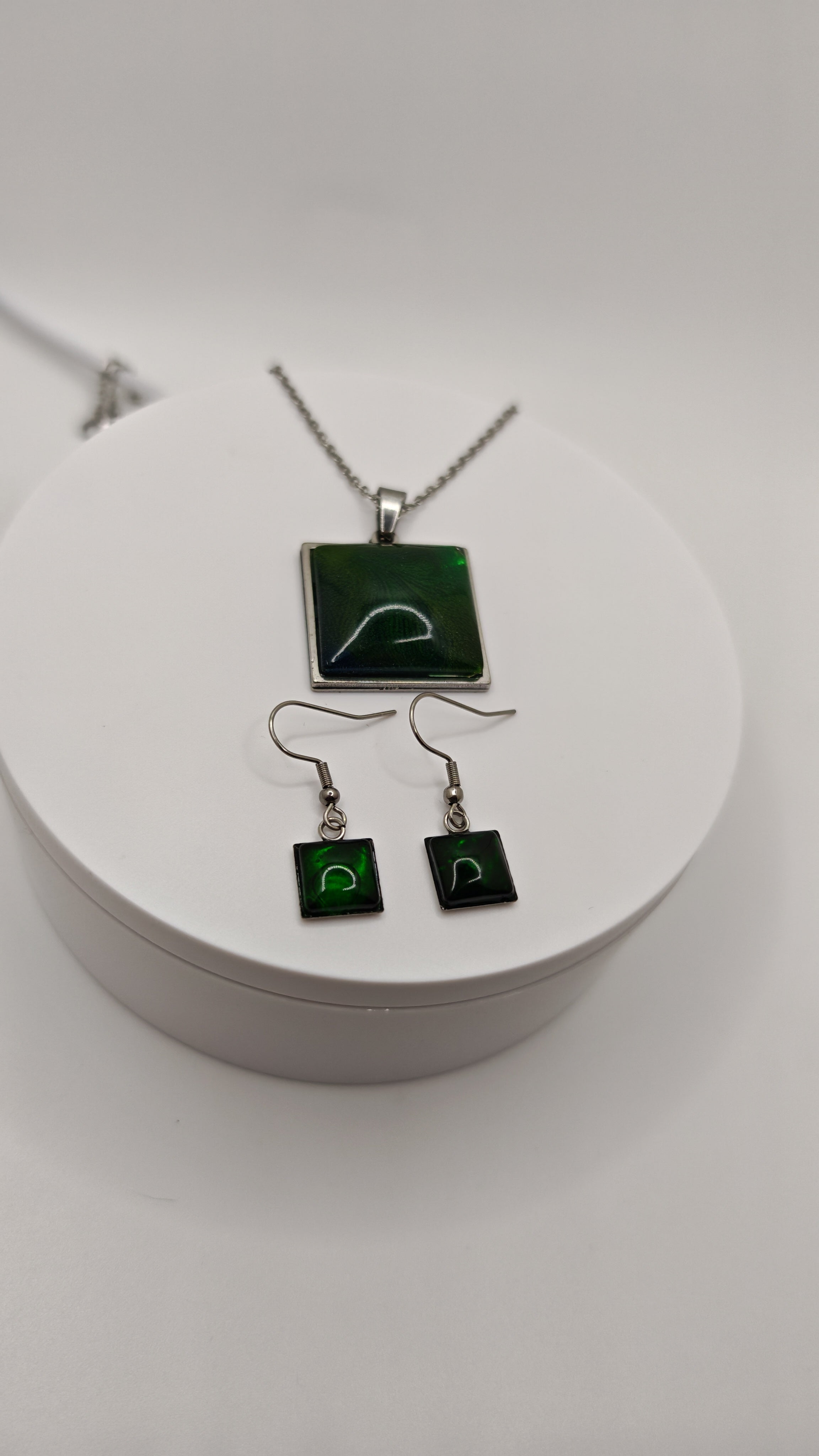 Square Emerald Green Resin Set: Stainless Steel Necklace And Dangle Earrings- Elegant Handmade Jewelry Gift For Her