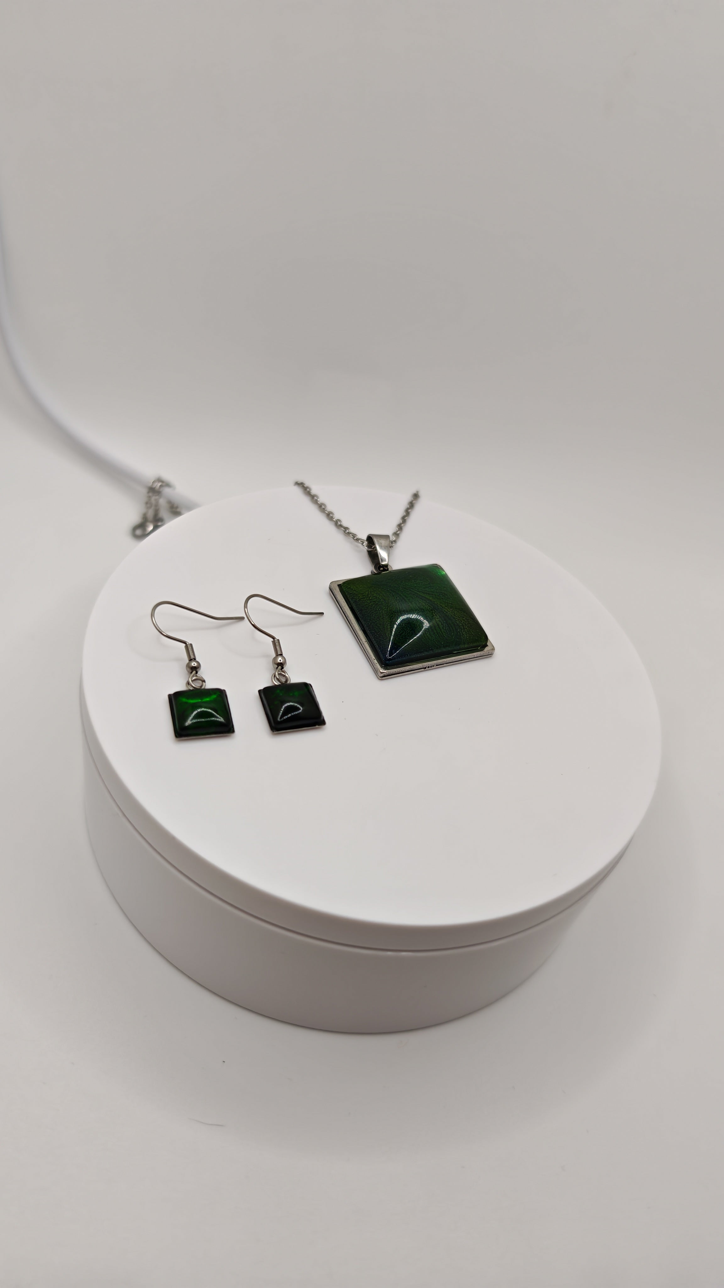 Square Emerald Green Resin Set: Stainless Steel Necklace And Dangle Earrings- Elegant Handmade Jewelry Gift For Her