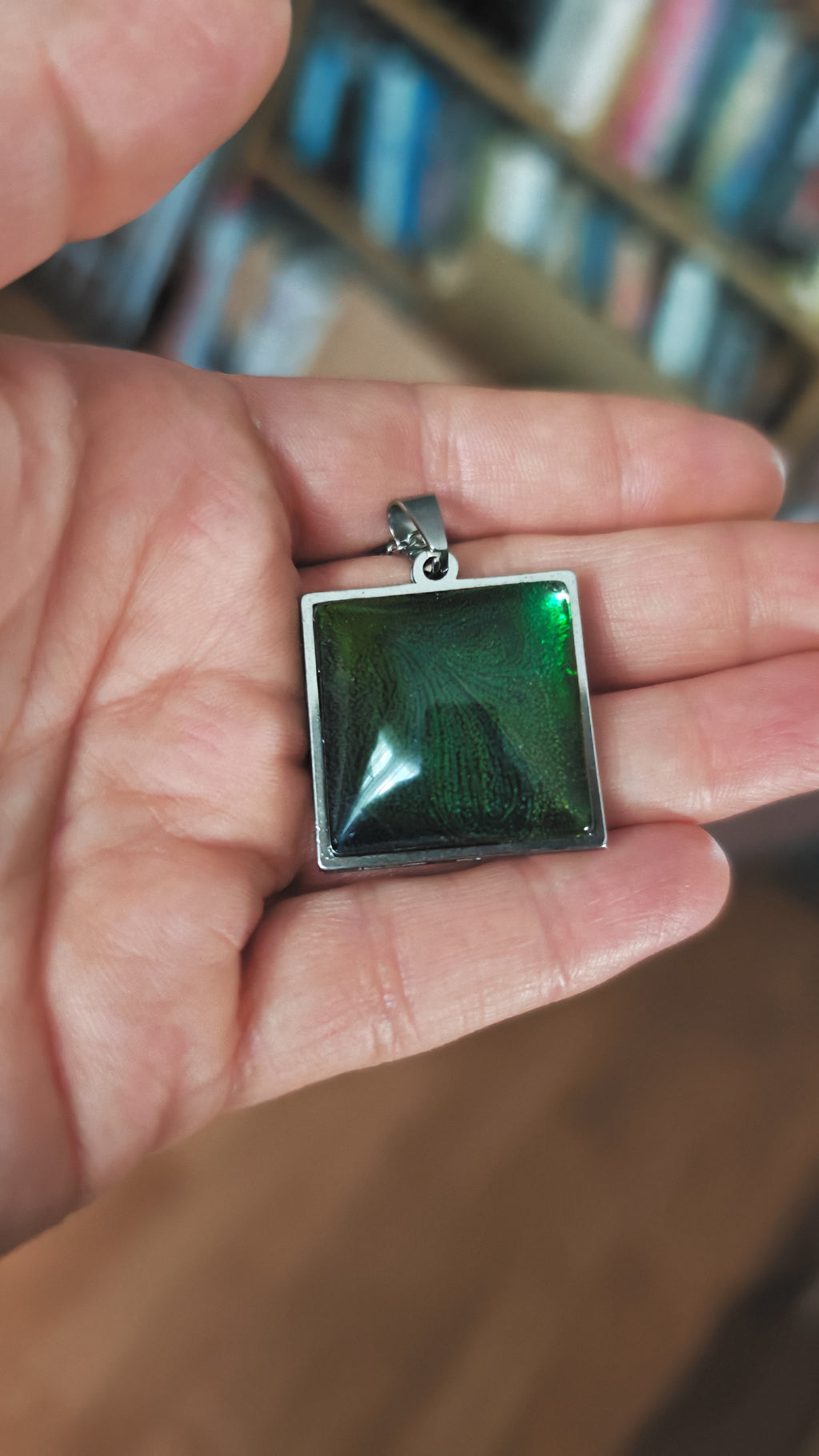 Square Emerald Green Resin Set: Stainless Steel Necklace And Dangle Earrings- Elegant Handmade Jewelry Gift For Her