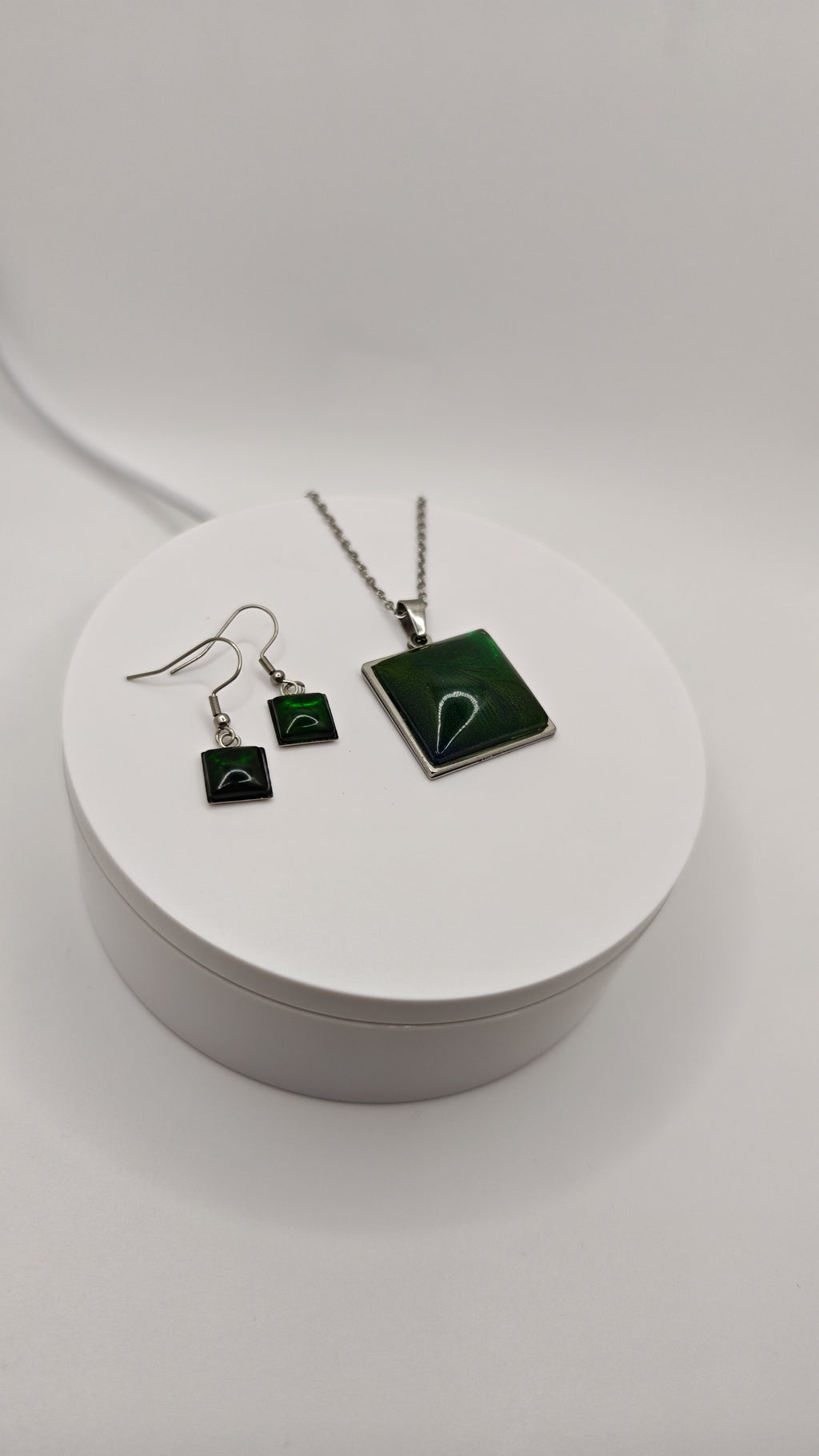 Square Emerald Green Resin Set: Stainless Steel Necklace And Dangle Earrings- Elegant Handmade Jewelry Gift For Her
