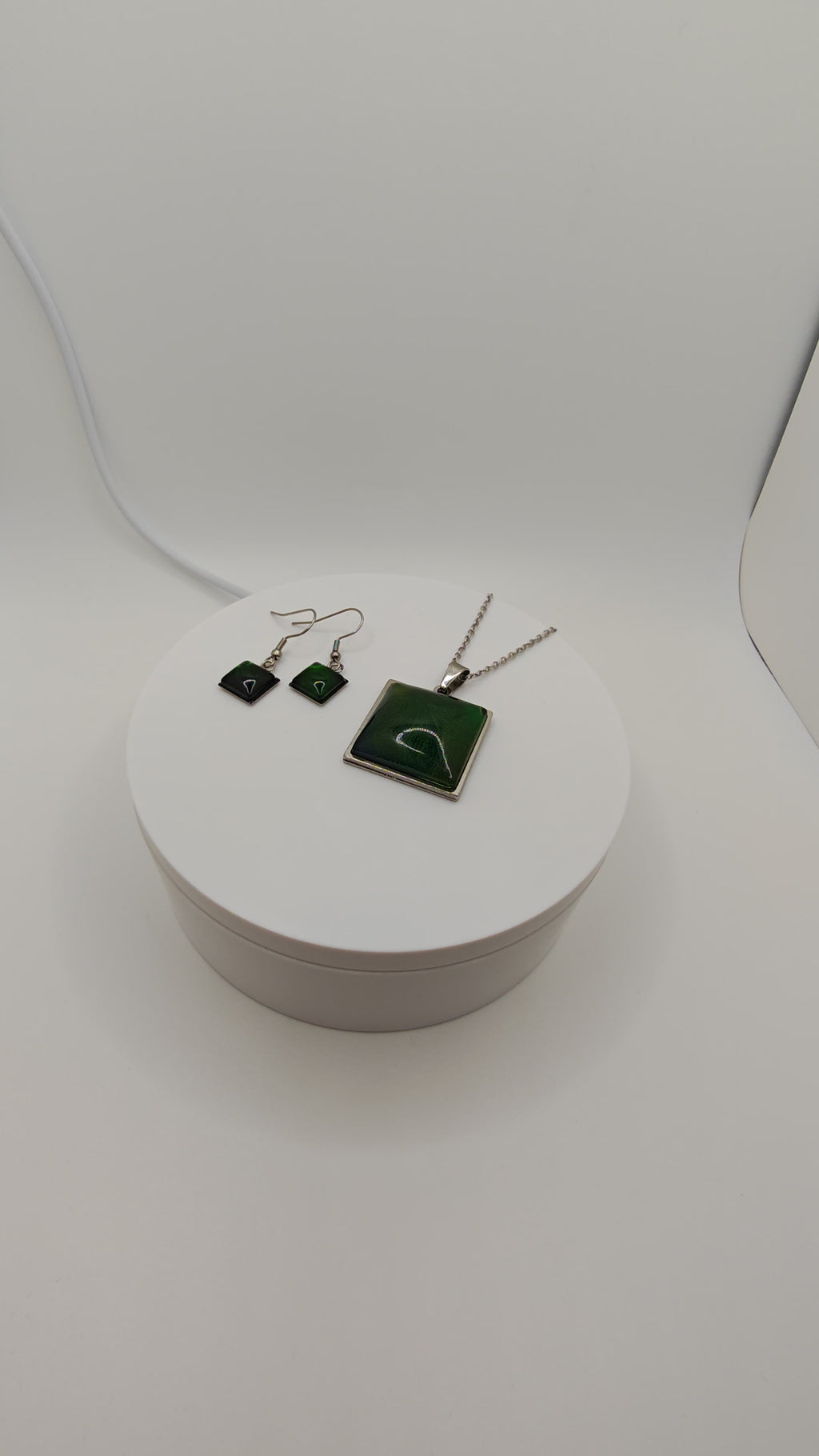 Square Emerald Green Resin Set: Stainless Steel Necklace And Dangle Earrings- Elegant Handmade Jewelry Gift For Her