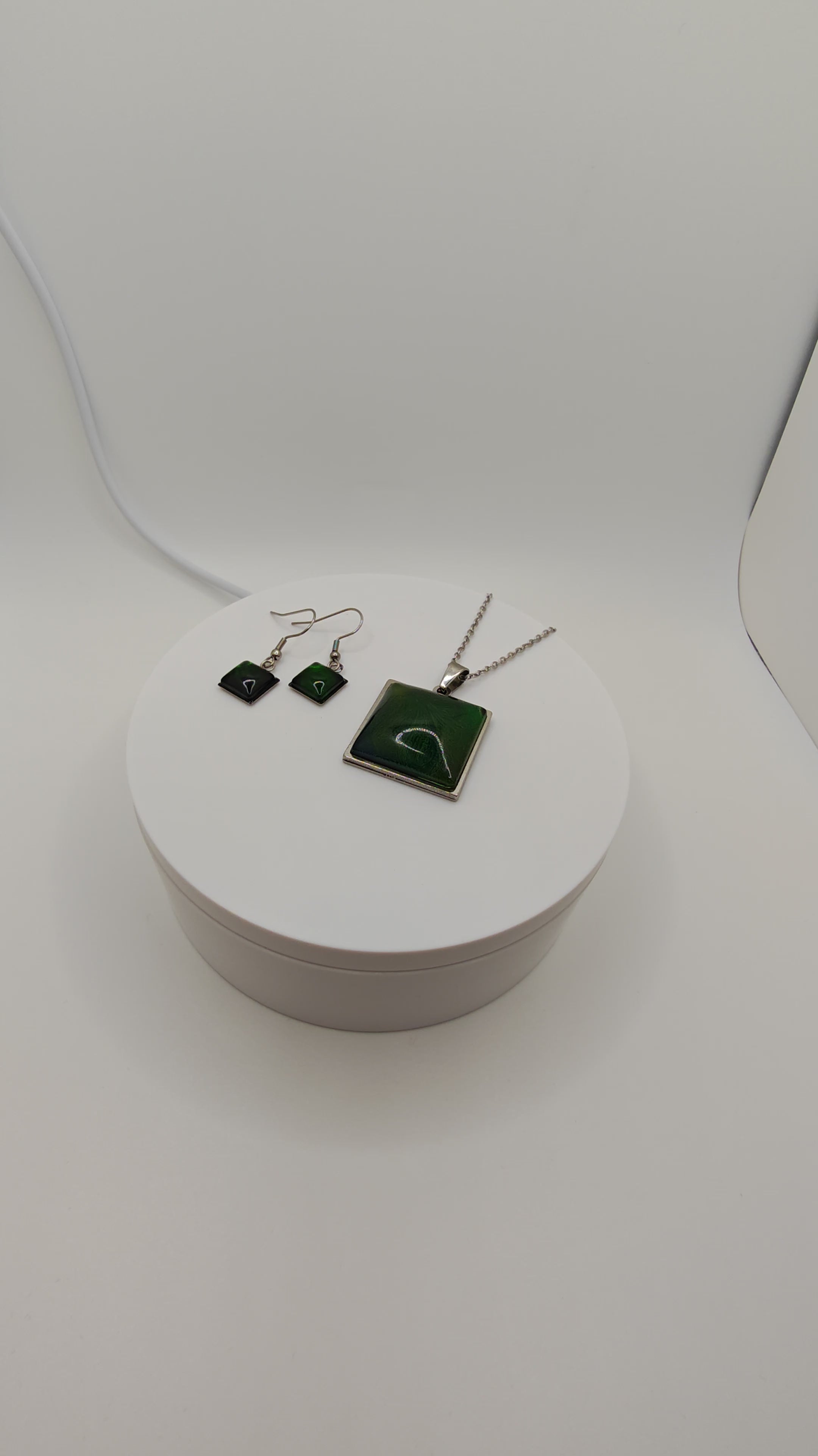 Square Emerald Green Resin Set: Stainless Steel Necklace And Dangle Earrings- Elegant Handmade Jewelry Gift For Her