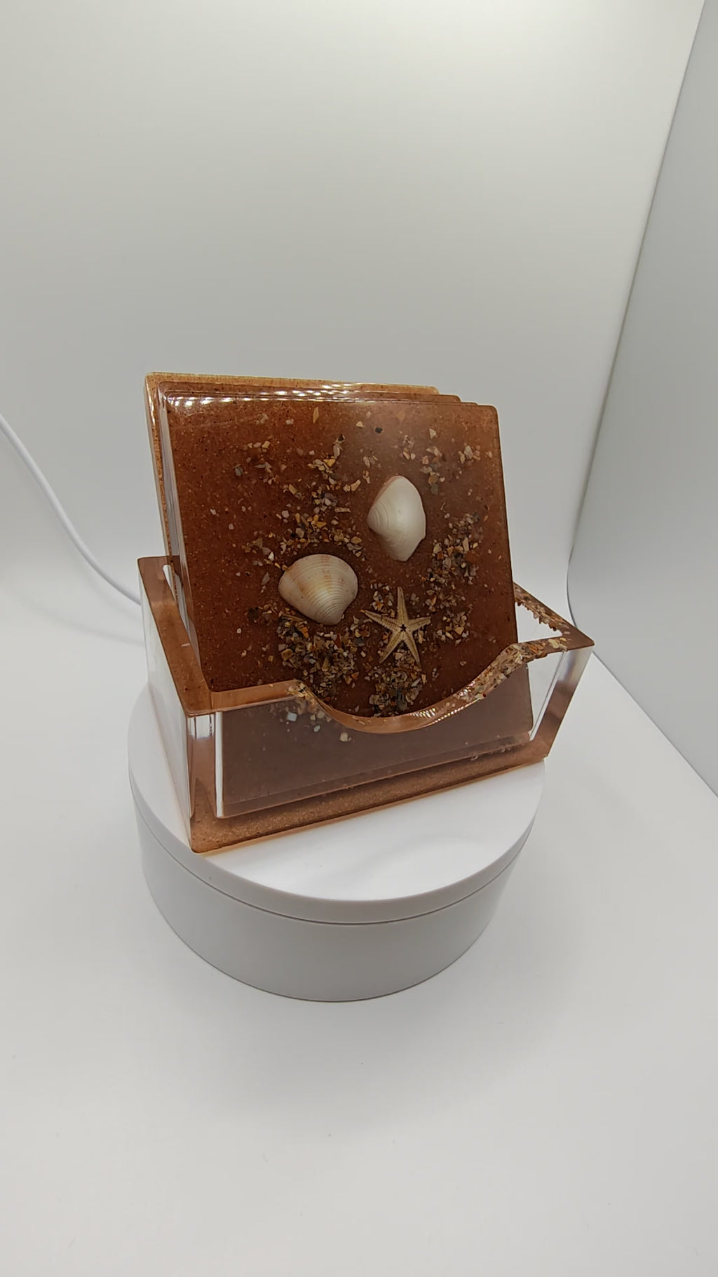 Seashell Resin Coaster Set with Holder: Handmade Coastal Decor