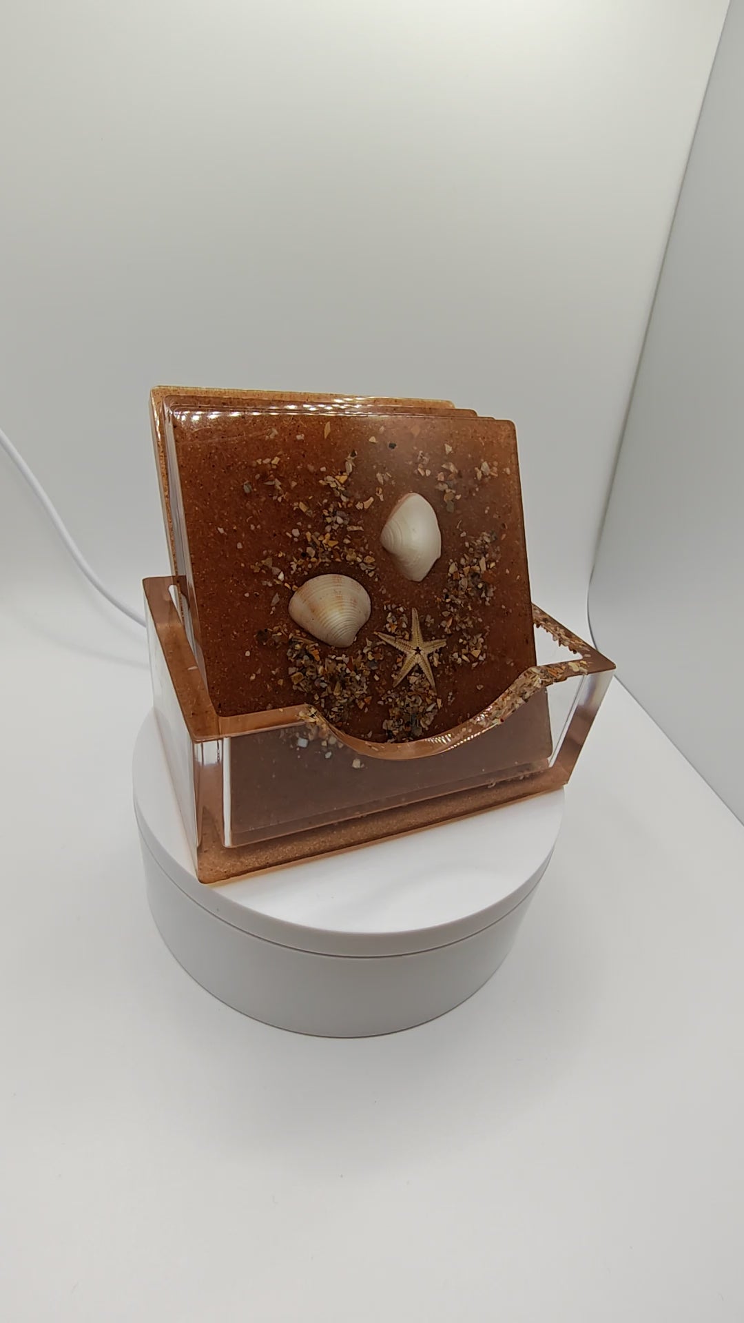 Seashell Resin Coaster Set with Holder: Handmade Coastal Decor