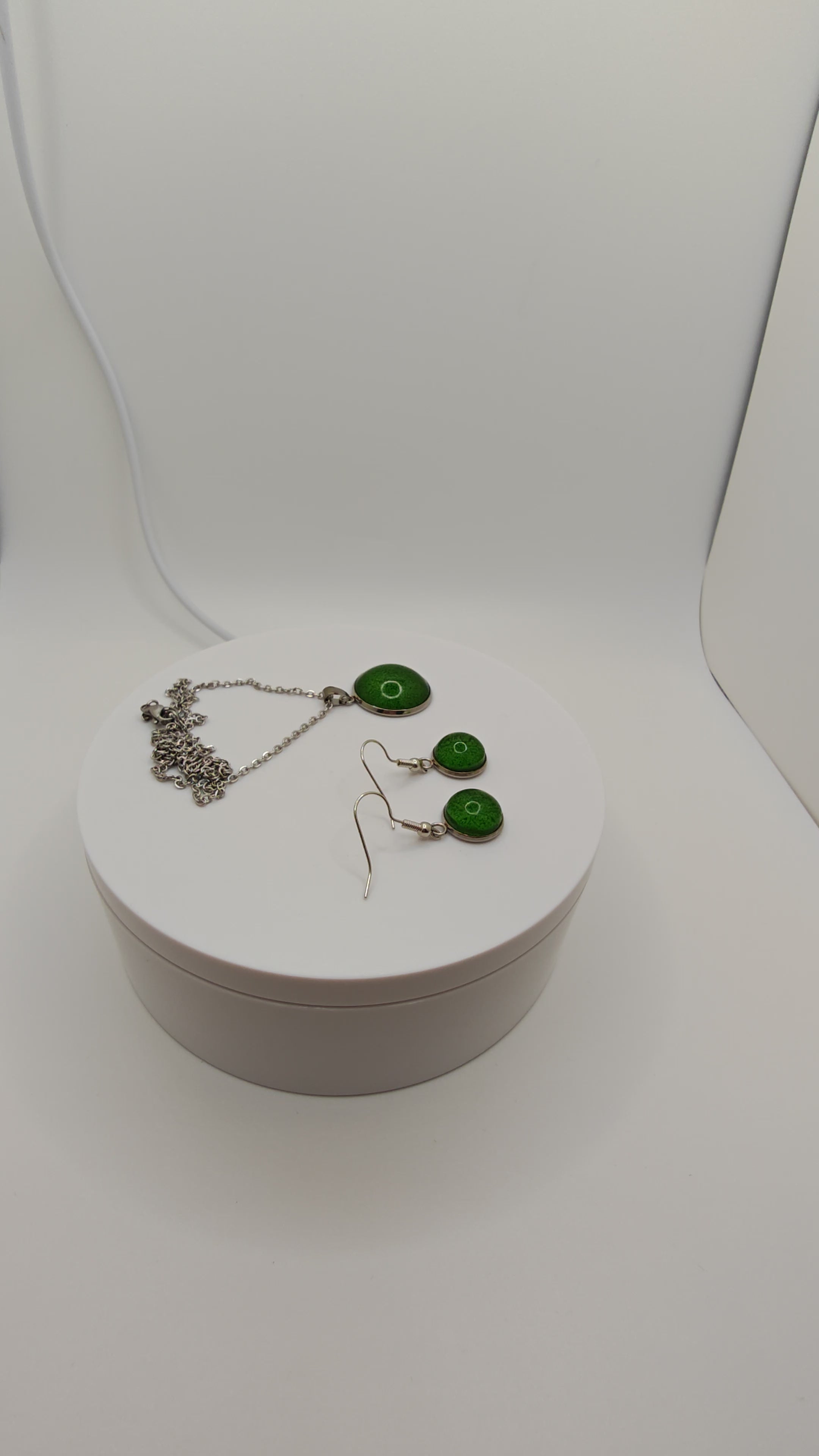 Resin Jewelry Set: Stainless Steel Round Necklace And Earrings- White Cell Effect Dome- Green Or Red Handmade Gift