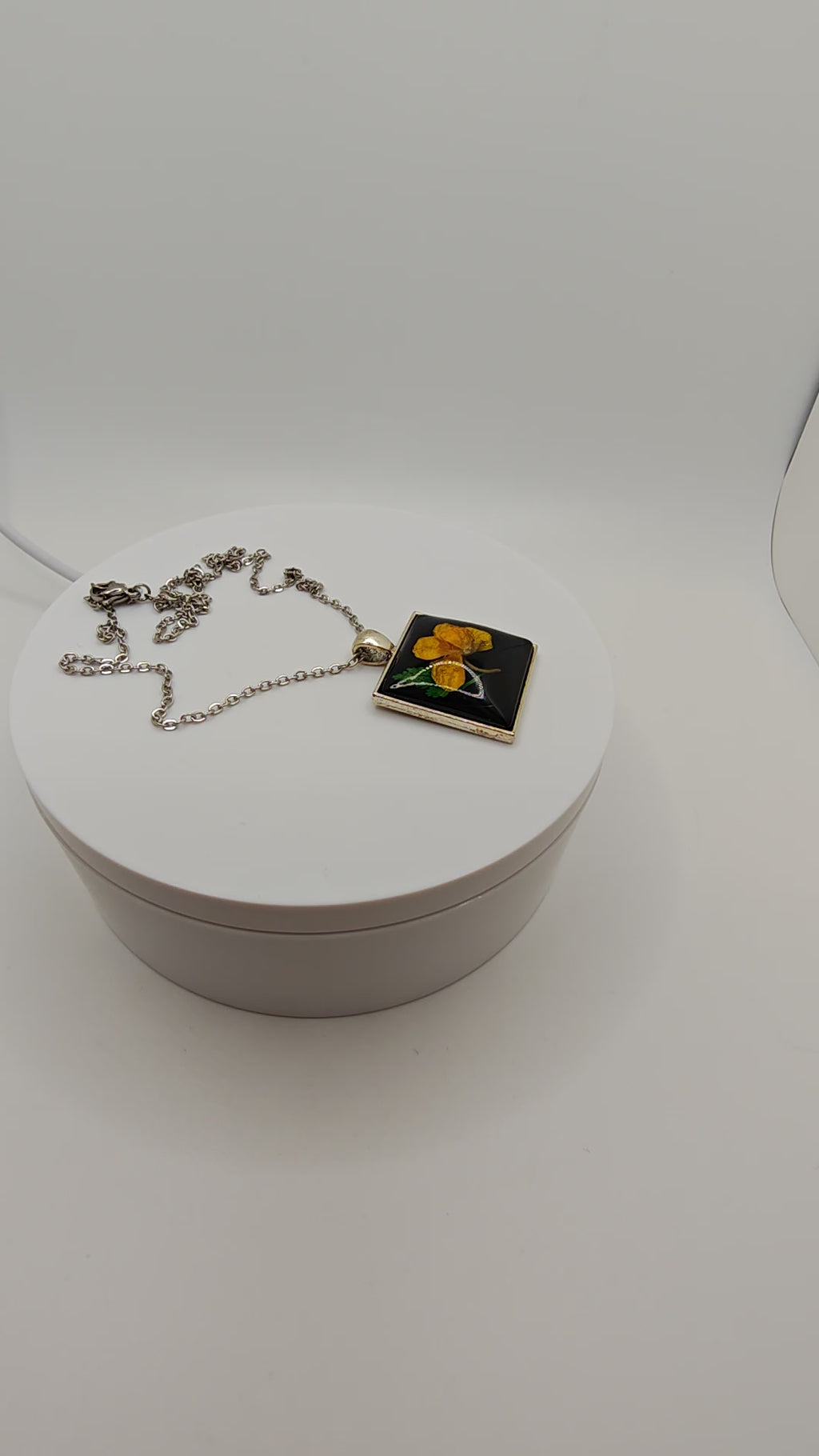 Real Yellow Flower Pendant in Black Resin: Nature Jewelry Gift for Her- Botanical Square Necklace with Stainless Steel Chain.