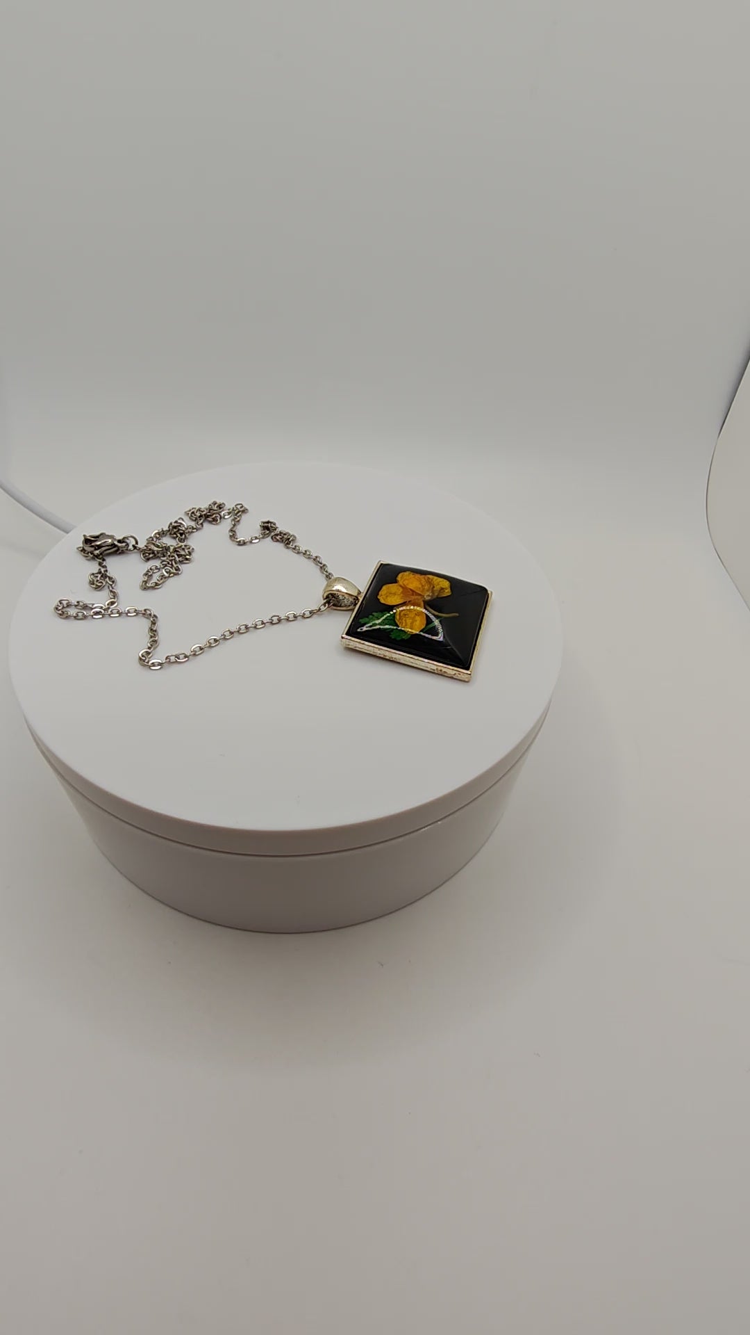 Real Yellow Flower Pendant in Black Resin: Nature Jewelry Gift for Her- Botanical Square Necklace with Stainless Steel Chain.